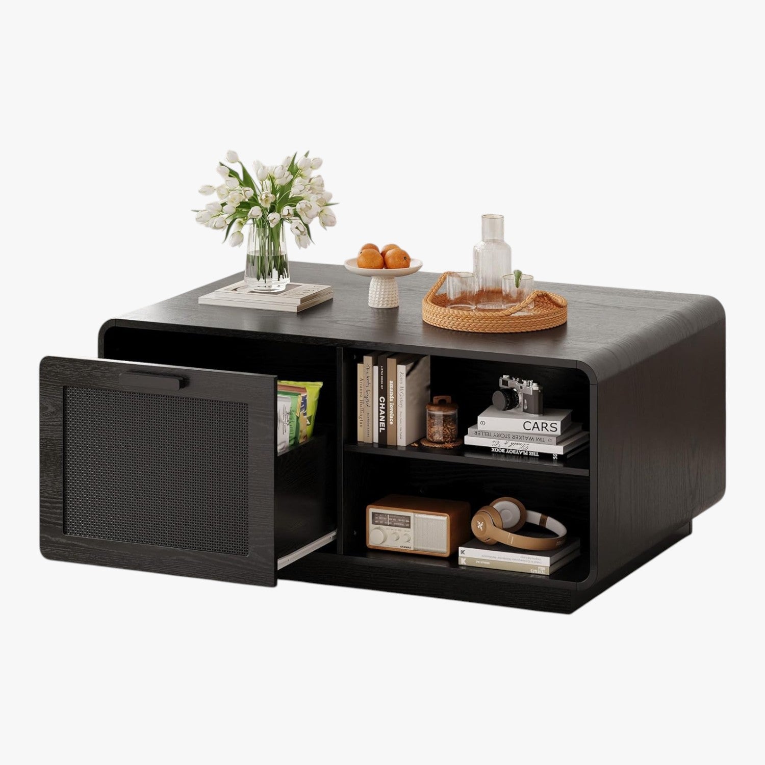 LIKIMIO 39.4" Rattan Coffee Table with Storage Drawers, Black