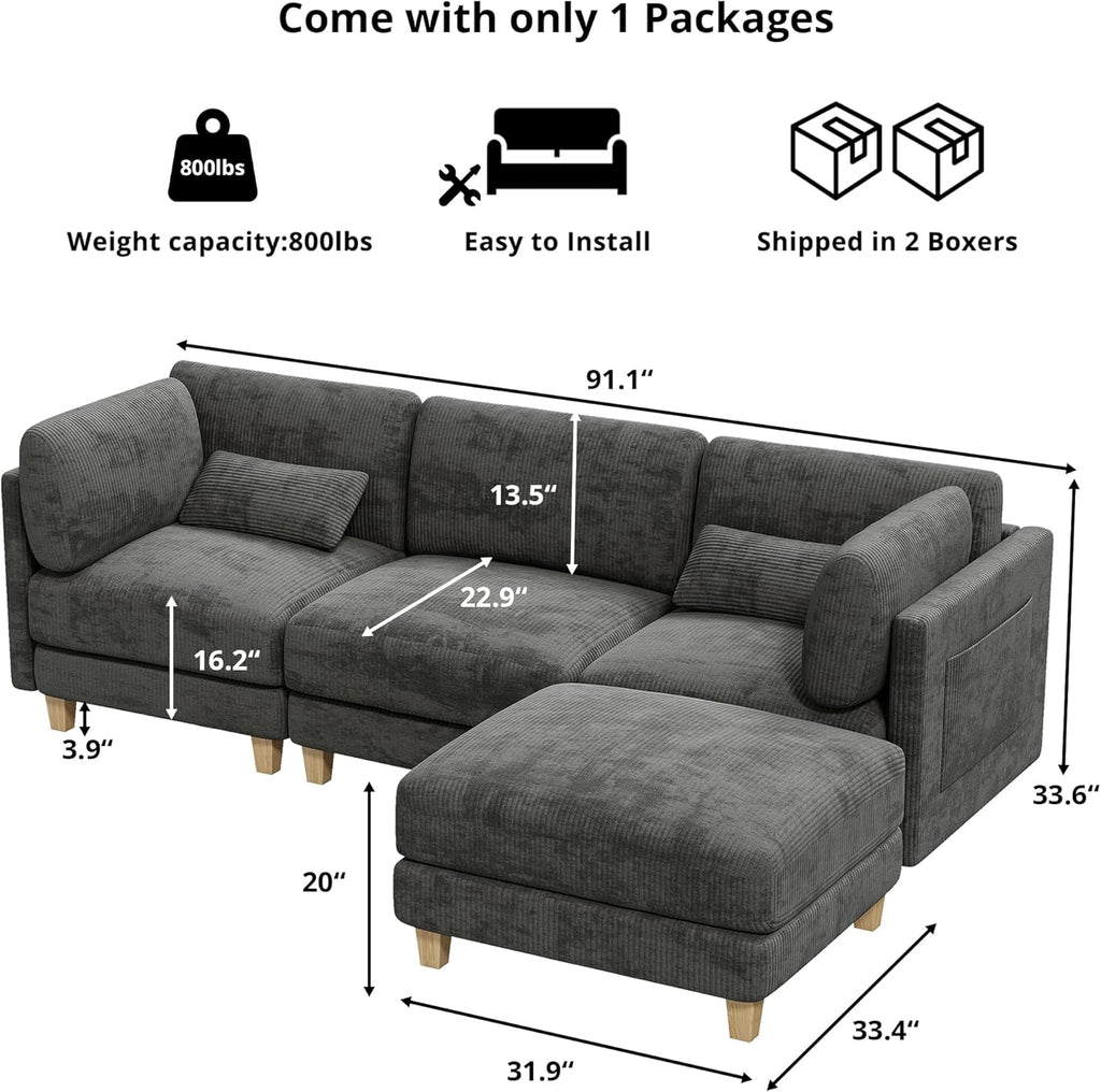LIKIMIO L-shaped Corduroy Modular Sofa（91.1“）
