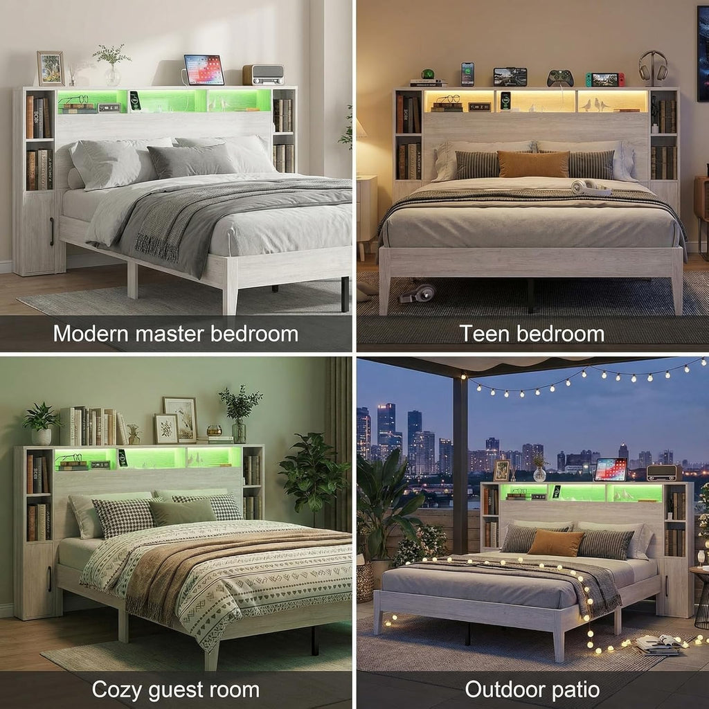 LIKIMIO Queen Size Bed Frame with Storage,  with LED Lights, Light Gray Oak