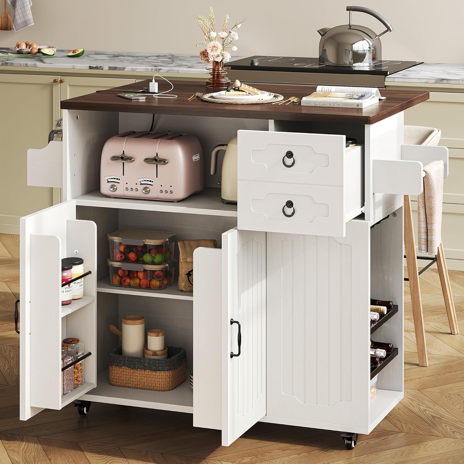 LIKIMIO 51" Mobile Kitchen Island Cart with Drop Leaf & Power Outlet