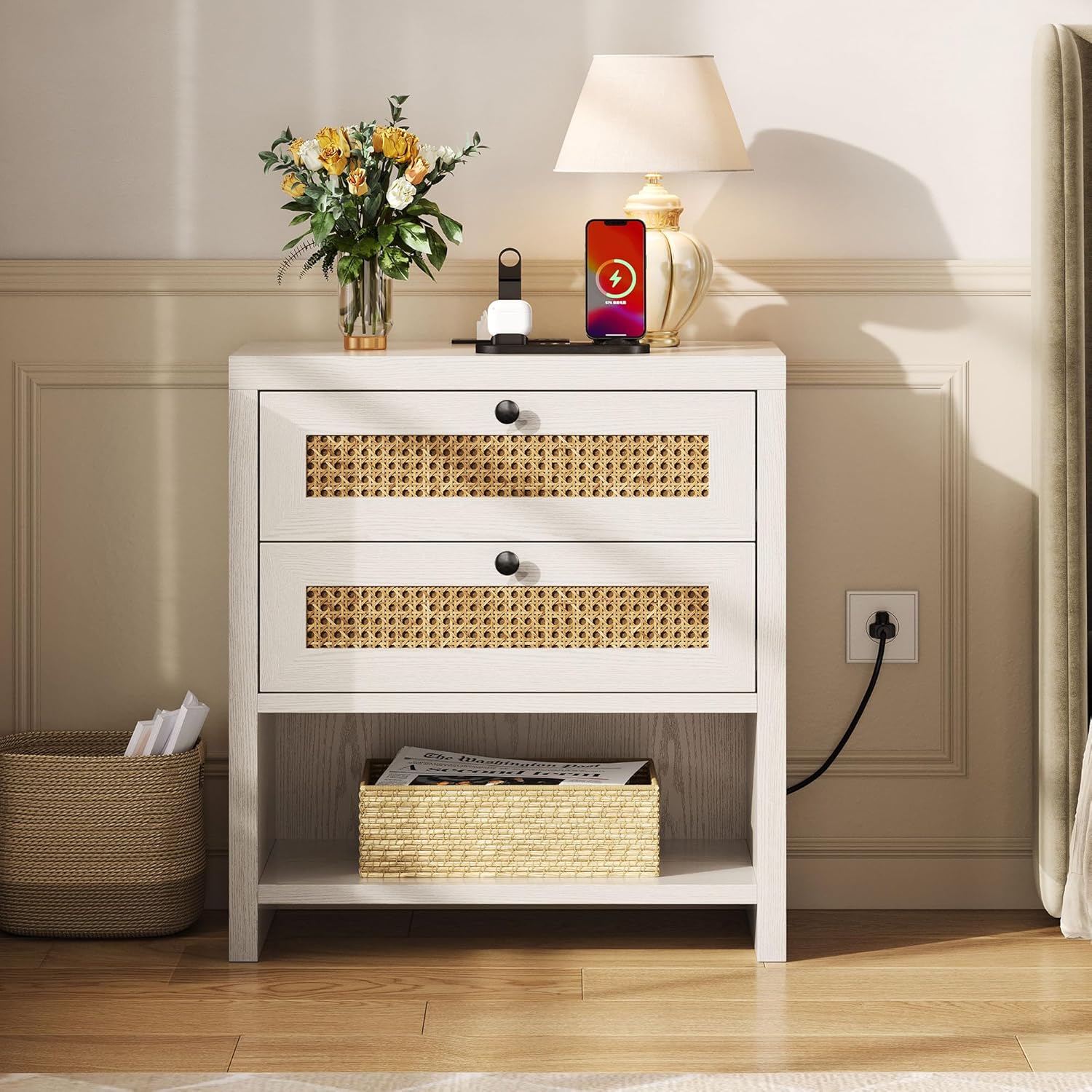 LIKIMIO Rattan Charging Nightstand