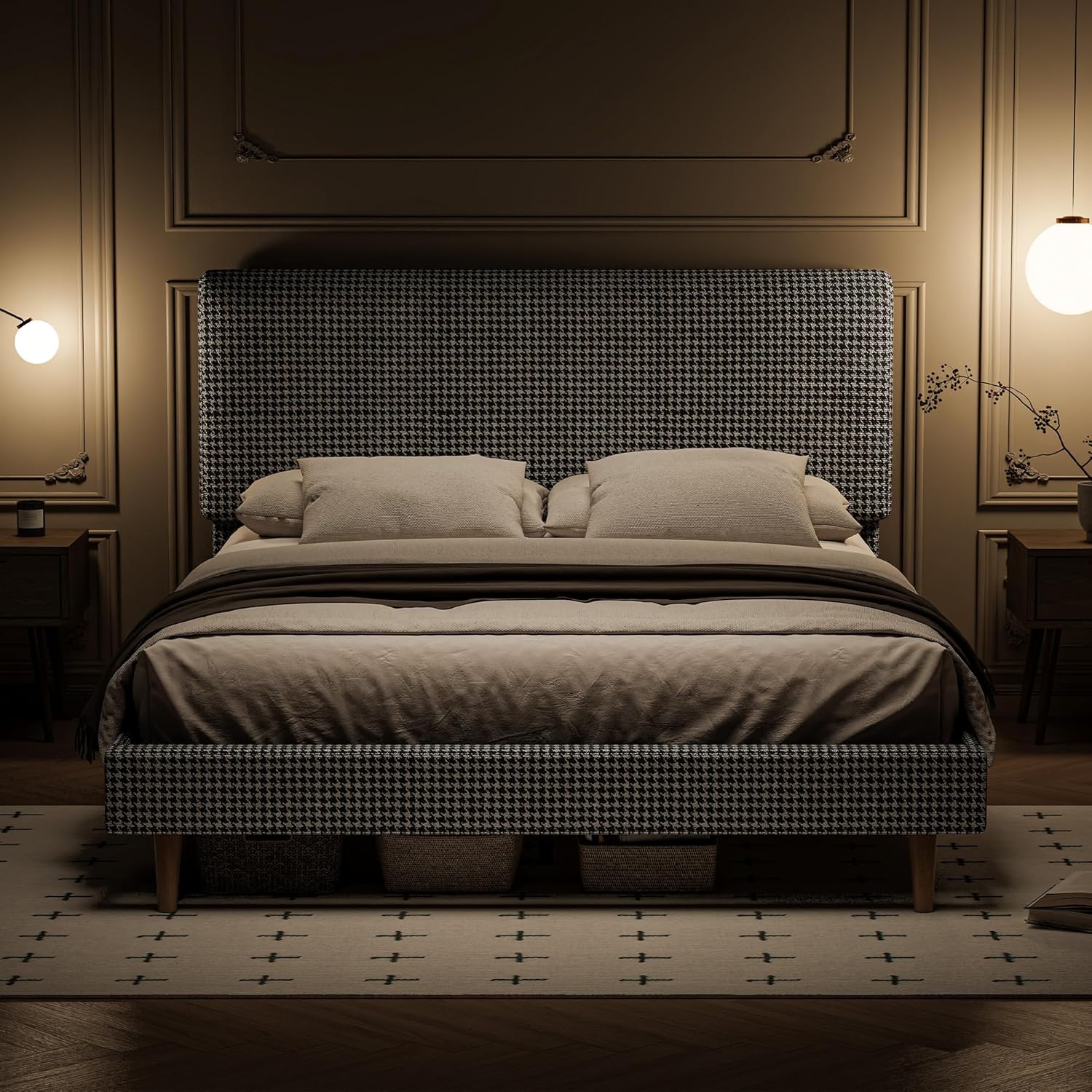 LIKIMIO Wooden Checkered Bed Frame & 100% Cotton Soft Mattress