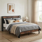 LIKIMIO King Bed Frames, with Charging Station, Wood and Cream