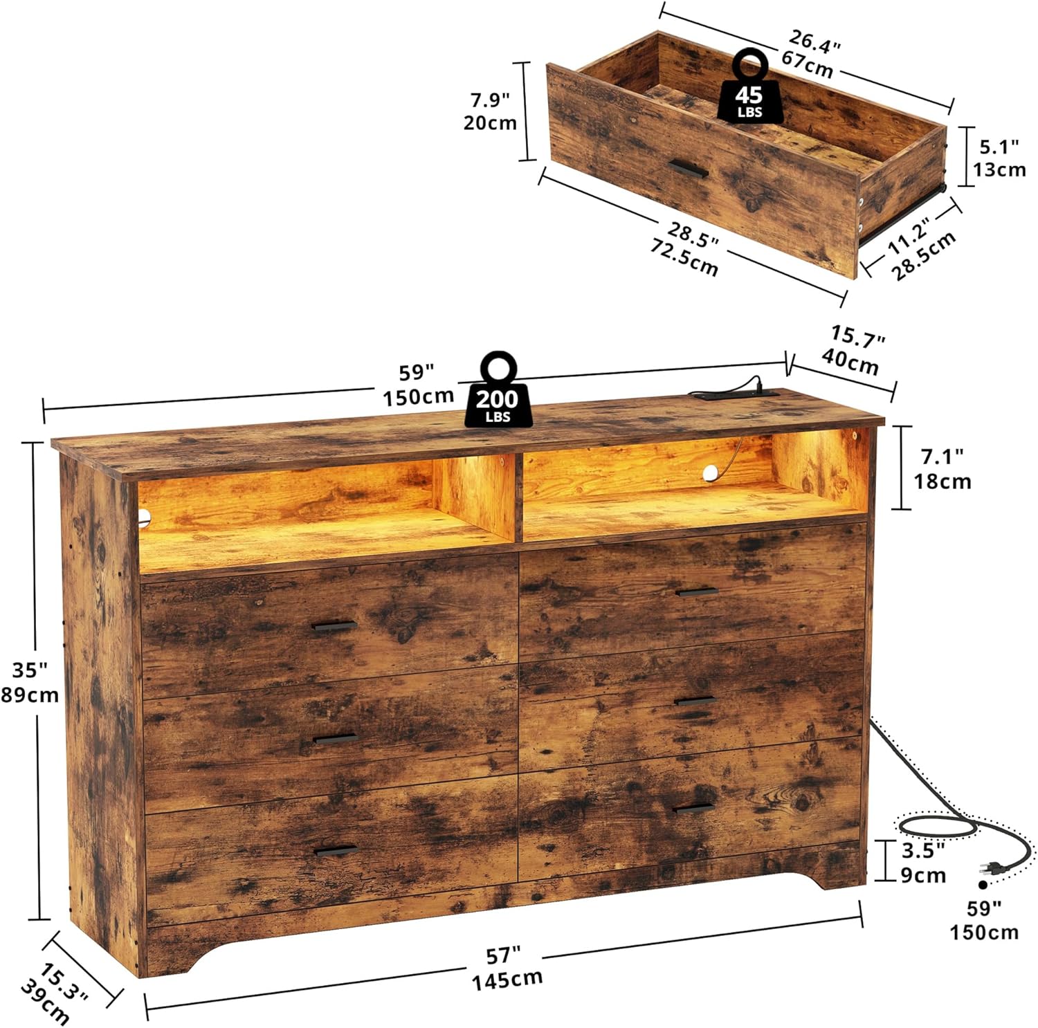 LIKIMIO LED & Power Strip Dresser 6-Drawer (59")