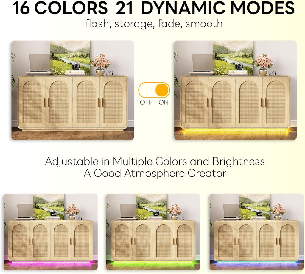 LIKIMIO Rattan Storage Cabinet with LED Lights & Power Outle, Natural