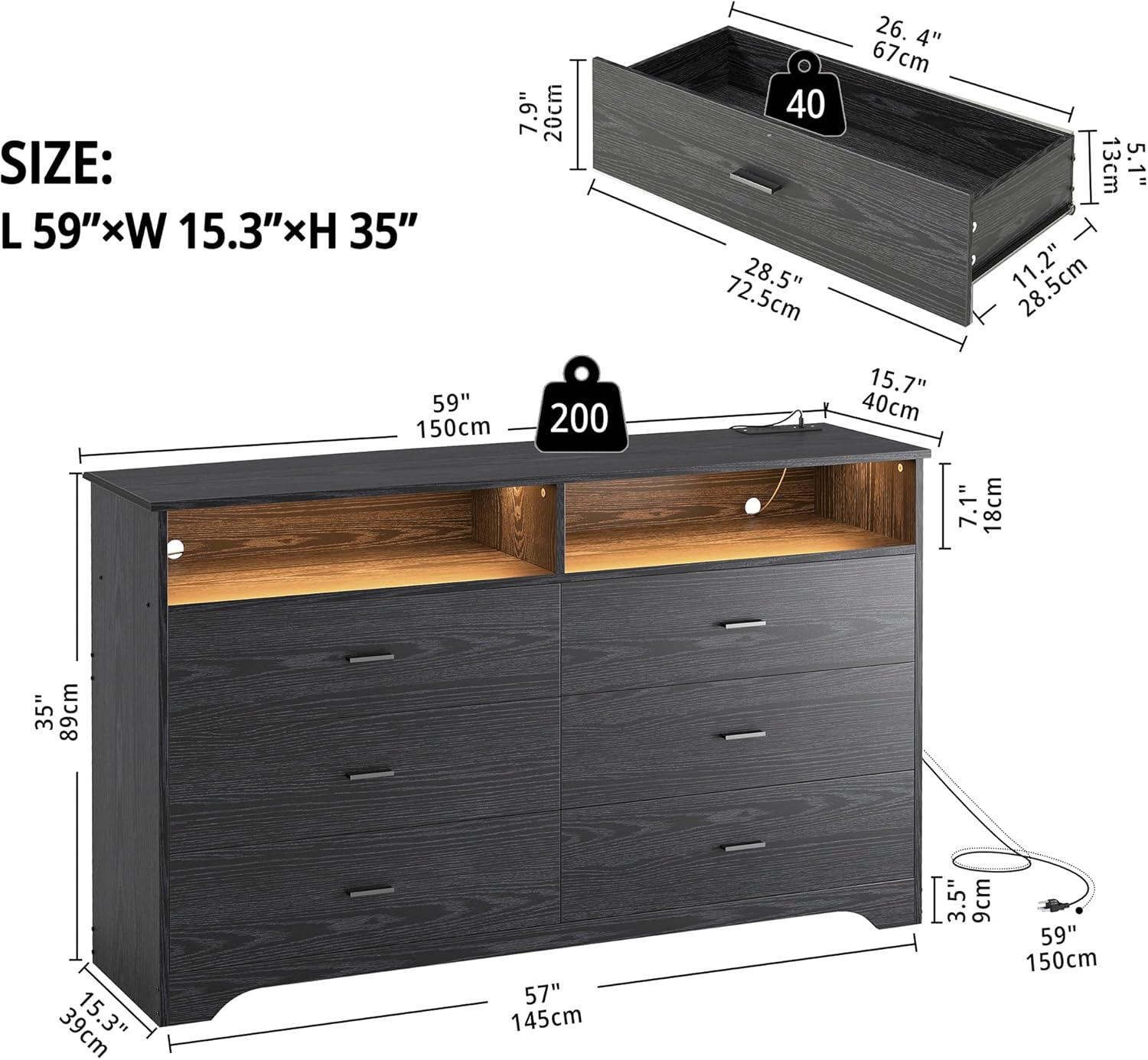 LIKIMIO LED & Power Strip Dresser 6-Drawer (59") Likimio LIKIMIO LED & Power Strip Dresser 6-Drawer (59") Likimio