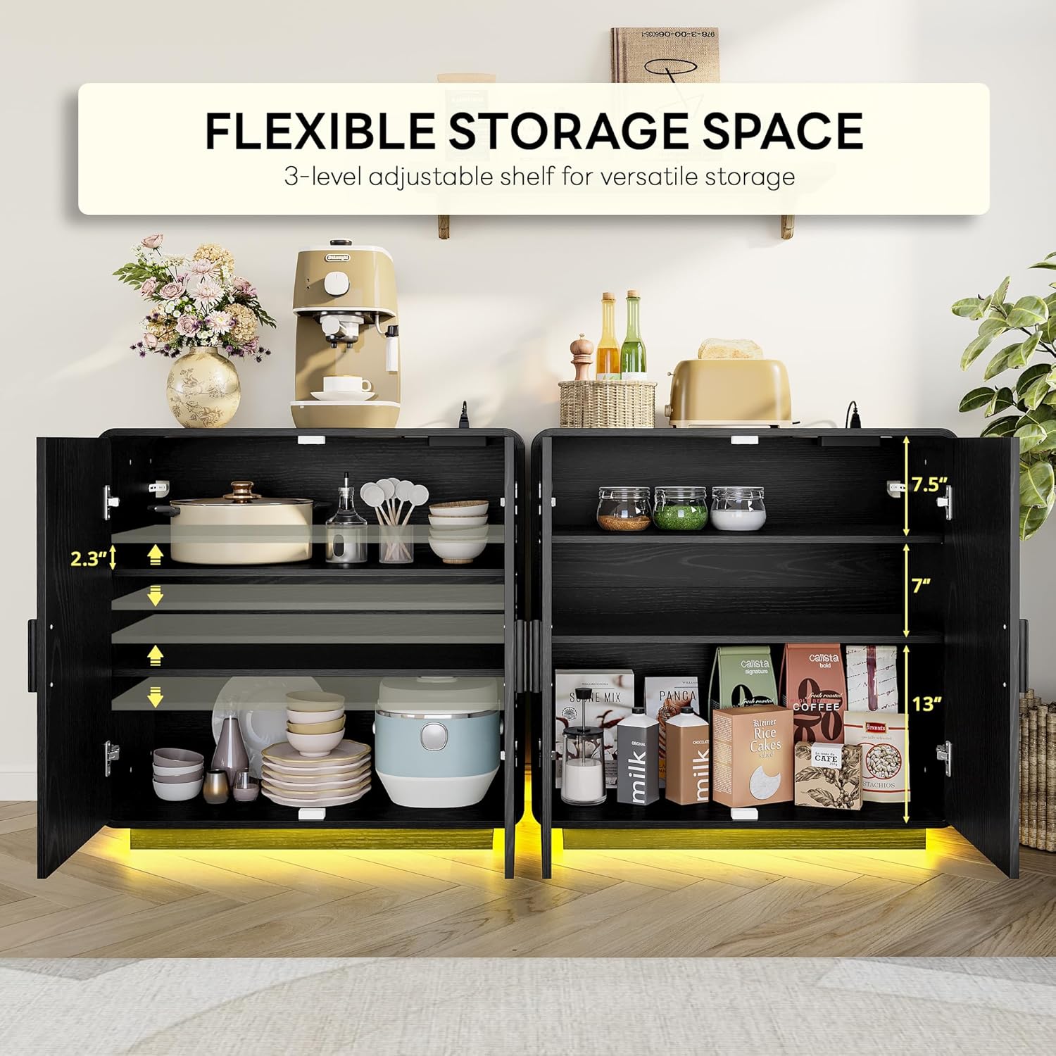 LIKIMIO Rattan Cabinet with LED Lights & Power Outlet, Black