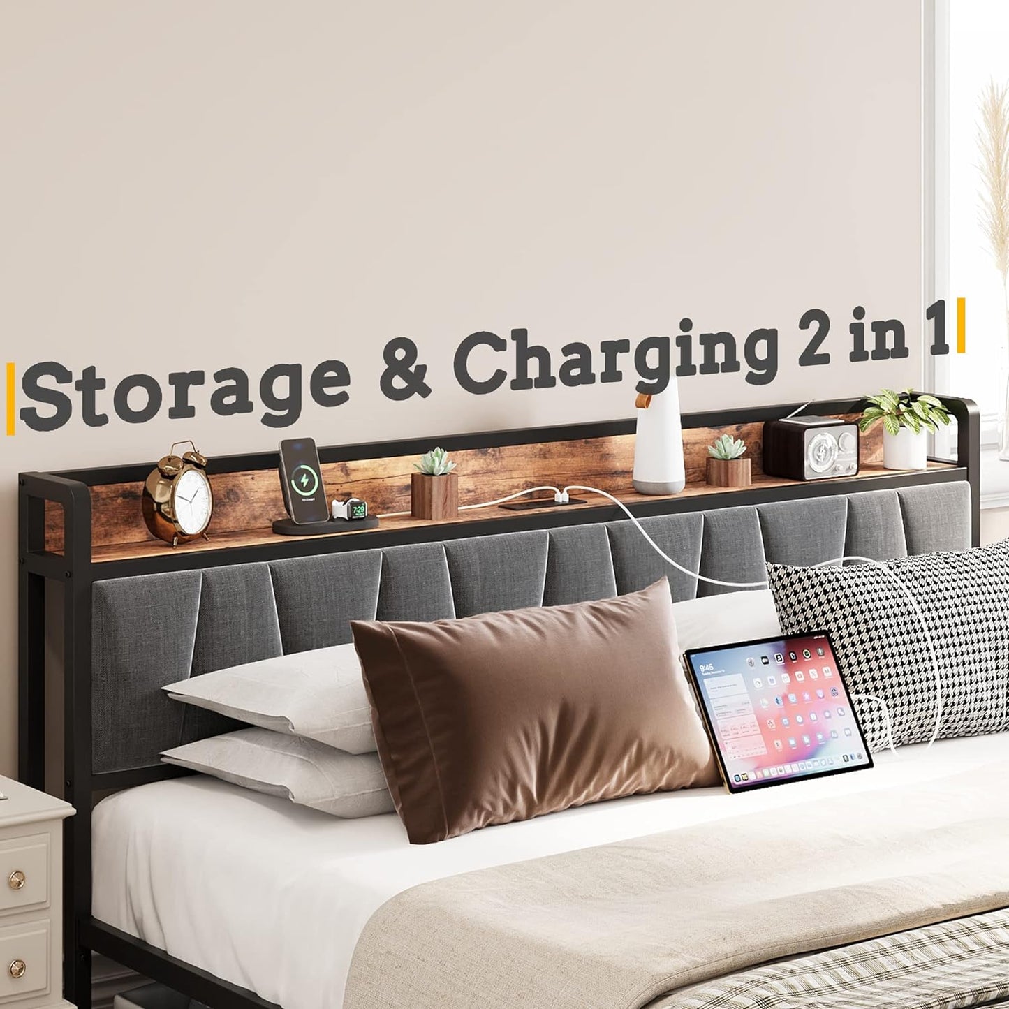 Storage Bed Frame with Charging Station
