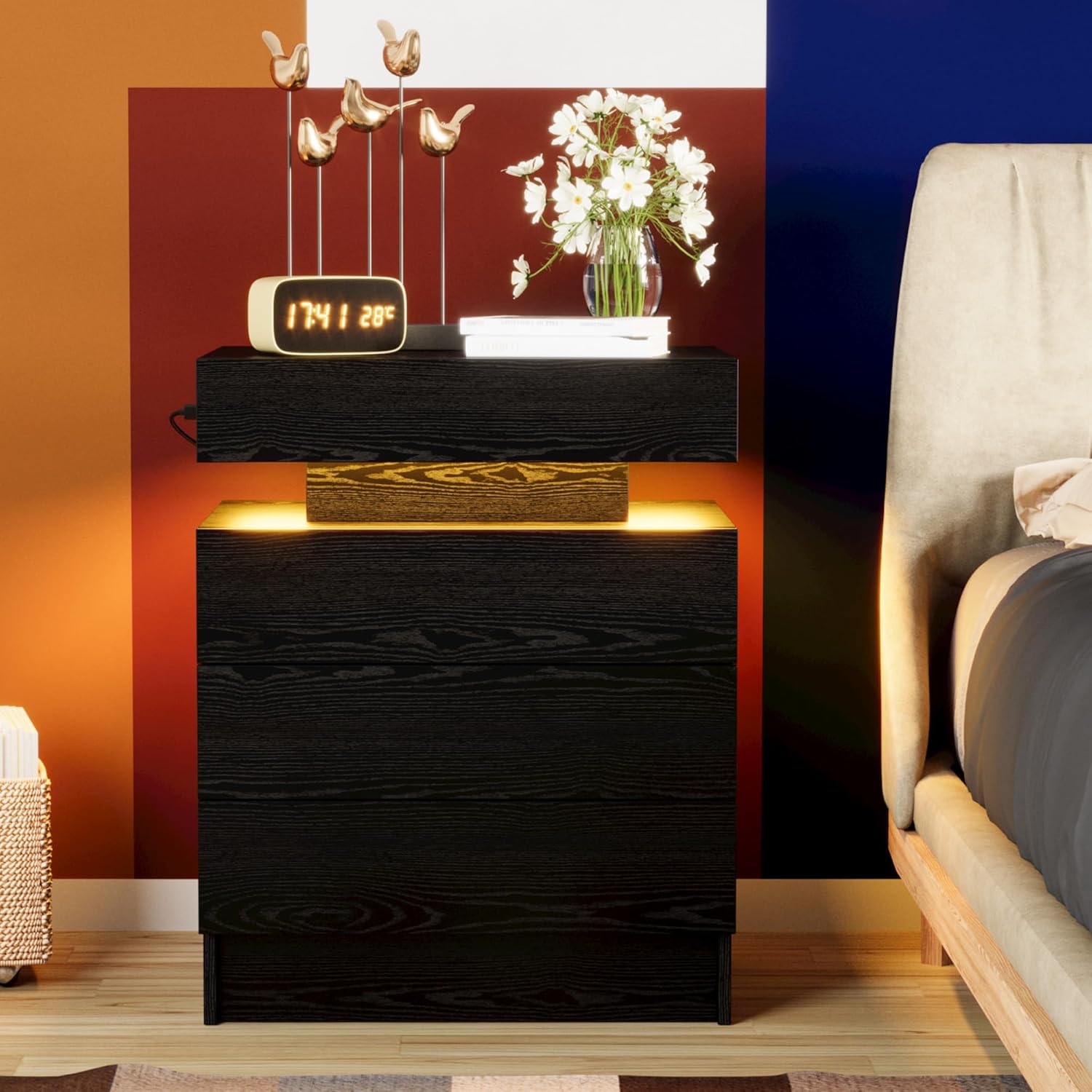 LIKIMIO LED Wood Grain Nightstand