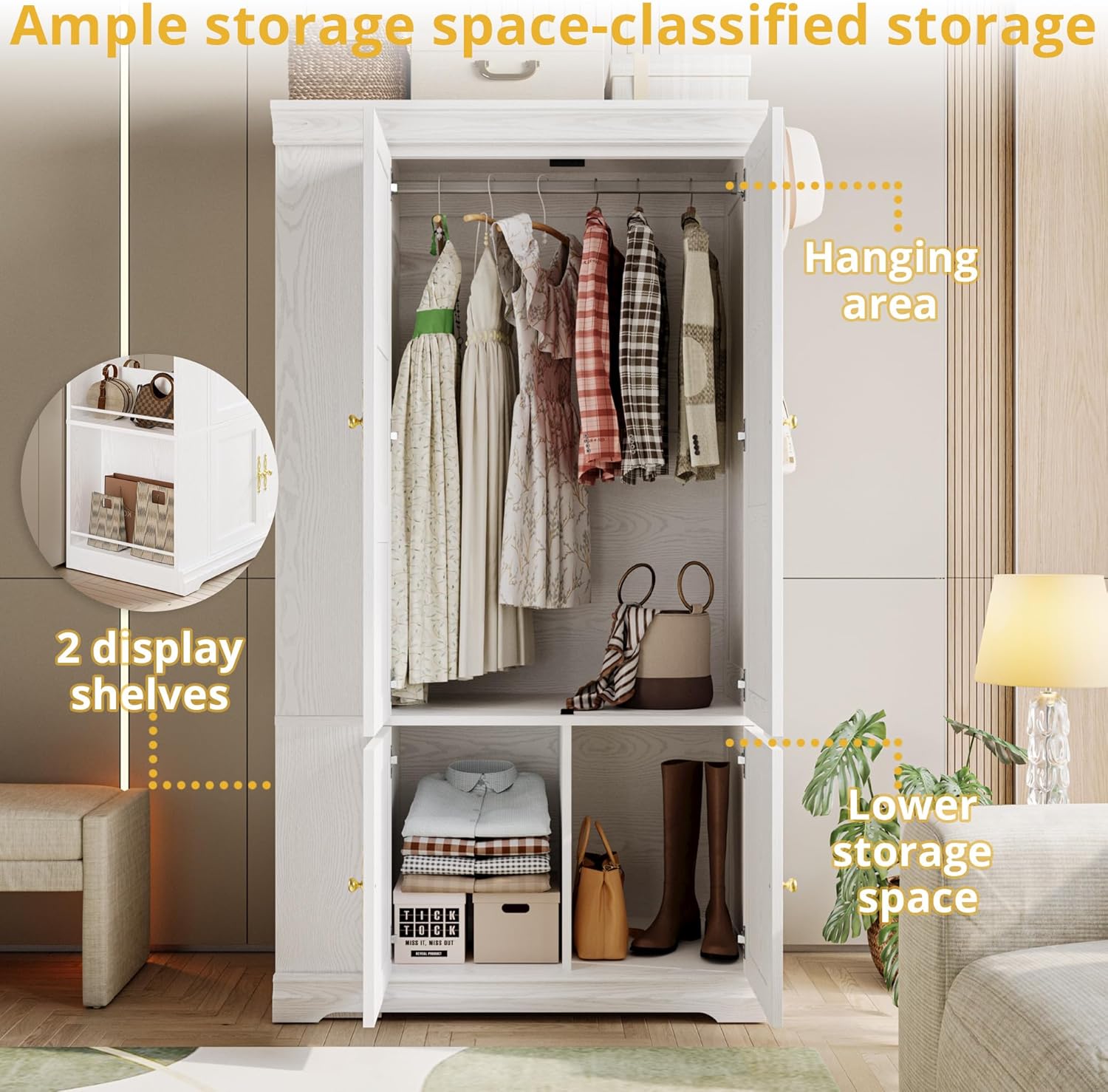 LIKIMIO Wooden Wardrobe with Mirror & 2 Open Shelves （70”）