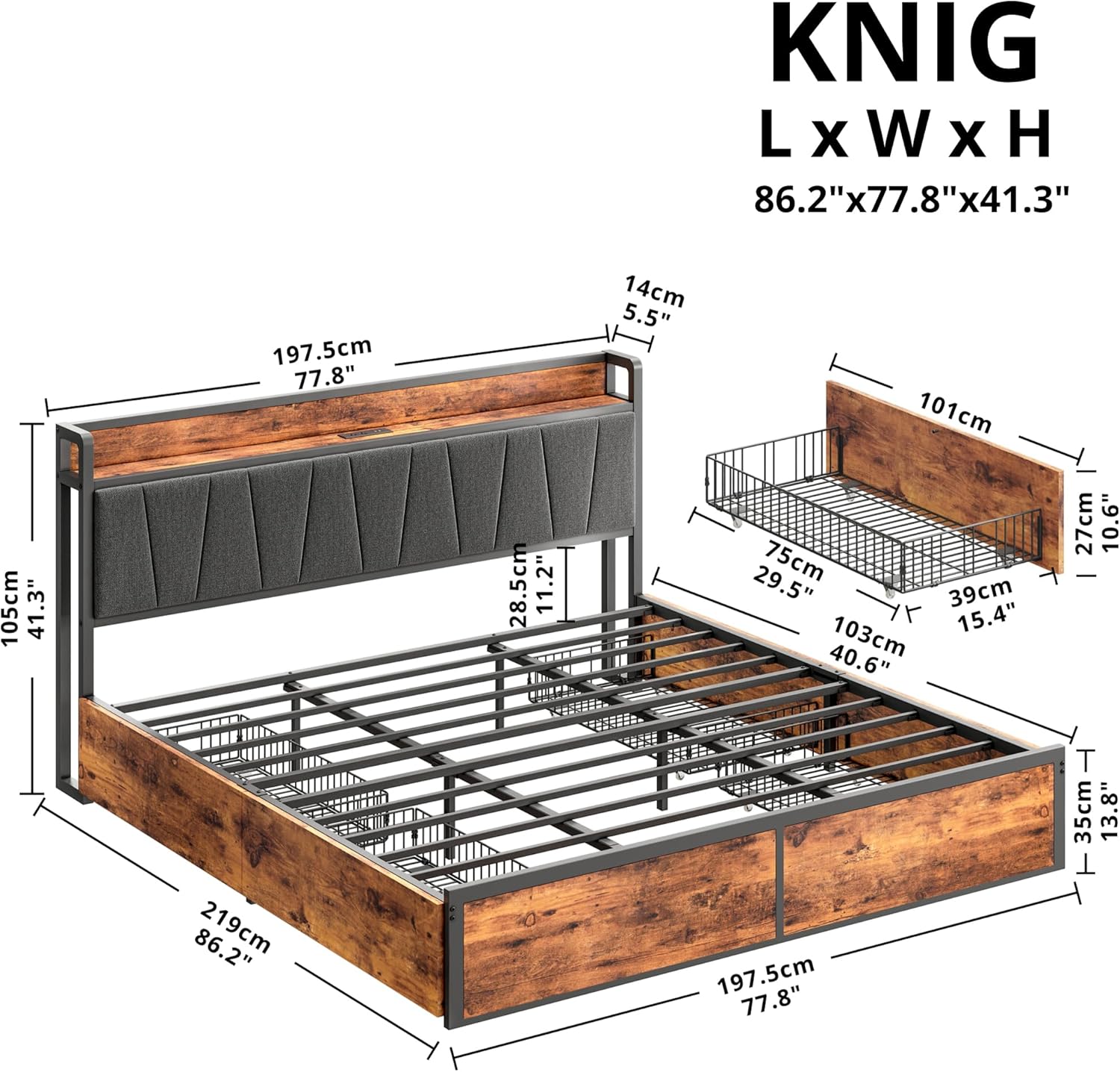 LIKIMIO California King Bed Frame with 4 Storage Drawers, Platform Bed with Charged Headboard