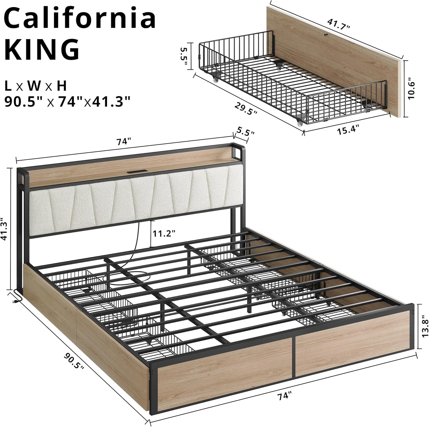 LIKIMIO California King Bed Frame with 4 Storage Drawers, Platform Bed with Charged Headboard