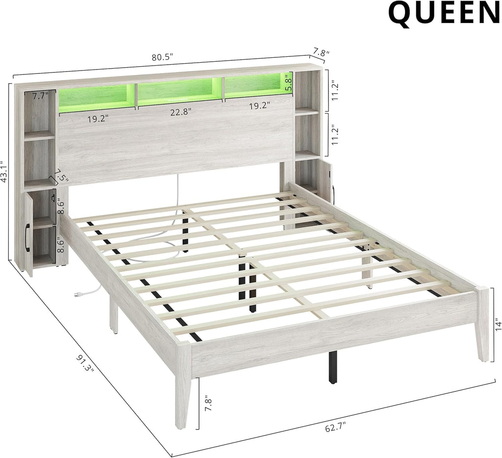 LIKIMIO Queen Size Bed Frame with Storage,  with LED Lights, Light Gray Oak