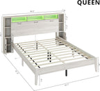 LIKIMIO Queen Size Bed Frame with Storage,  with LED Lights, Light Gray Oak