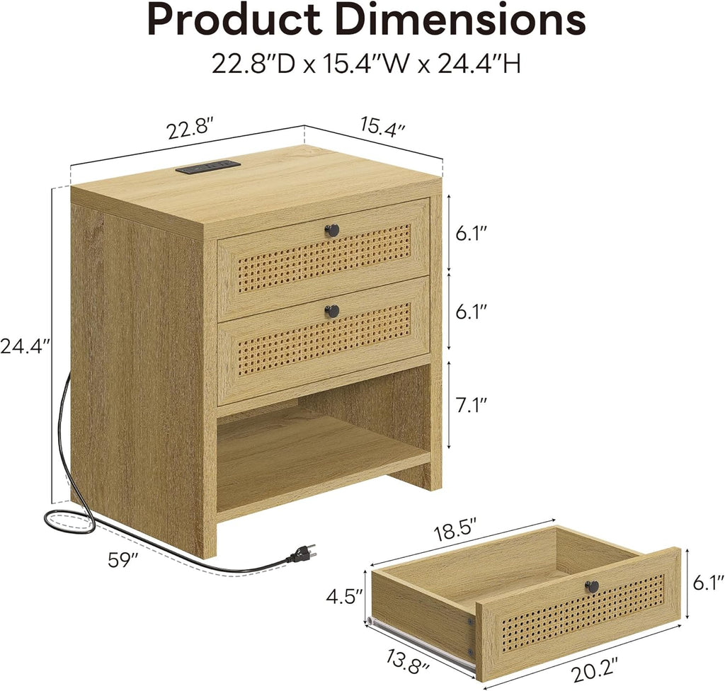 LIKIMIO Rattan Charging Nightstand Set