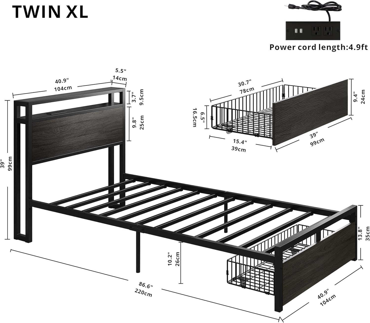 Luonto Double Bed Frame – 143×200 cm LIKIMIO Drawers and Storage Sockets Bed Frame – Likimio