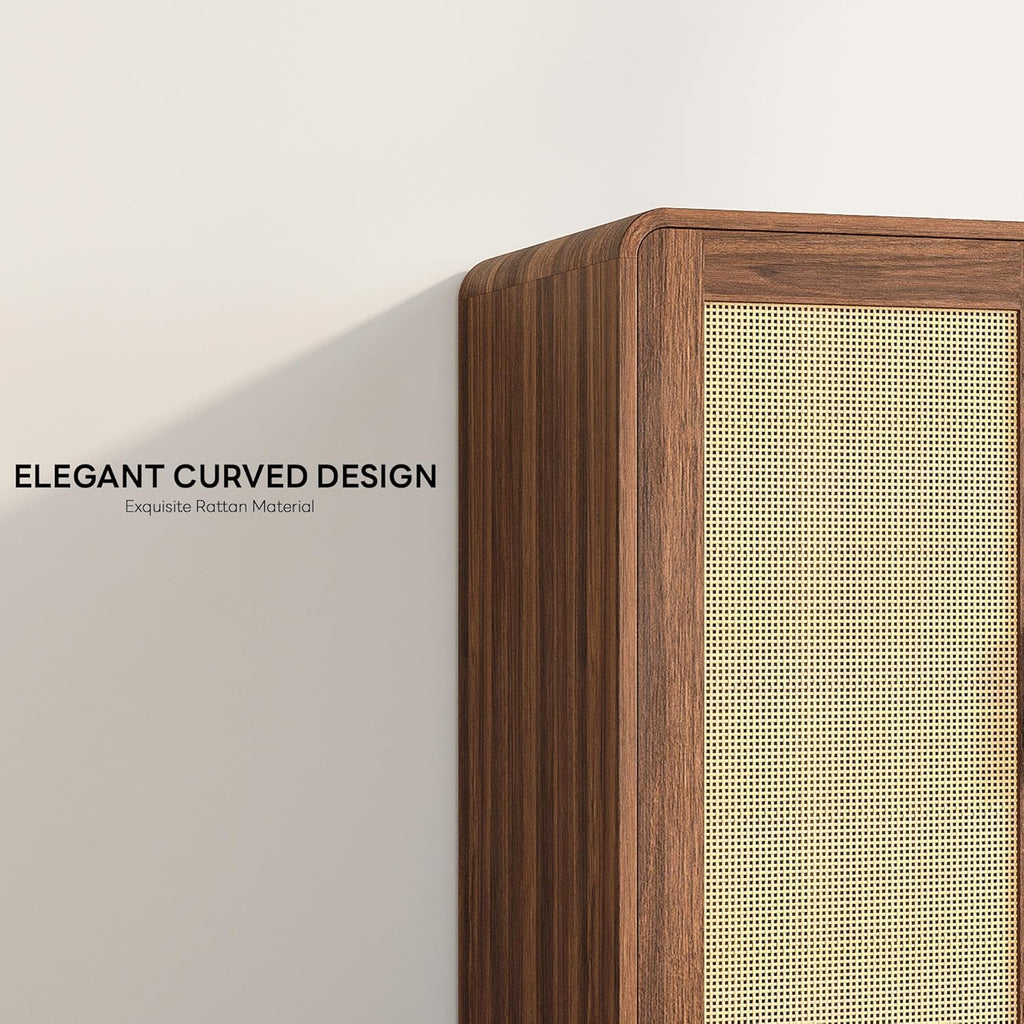 LIKIMIO Rattan Cabinet with LED Lights & Power Outlet, Vintage Brown