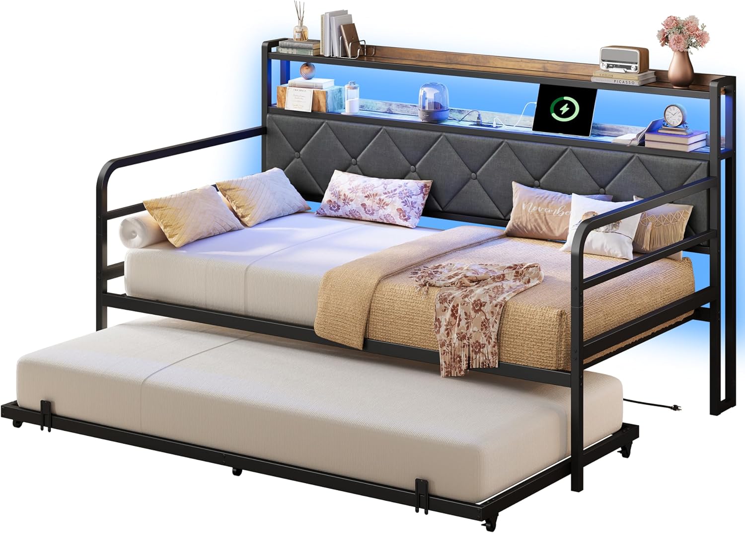 LIKIMIO Twin Daybed with Trundle, 700lbs Capacity, LED Lights & Charging Station, Black