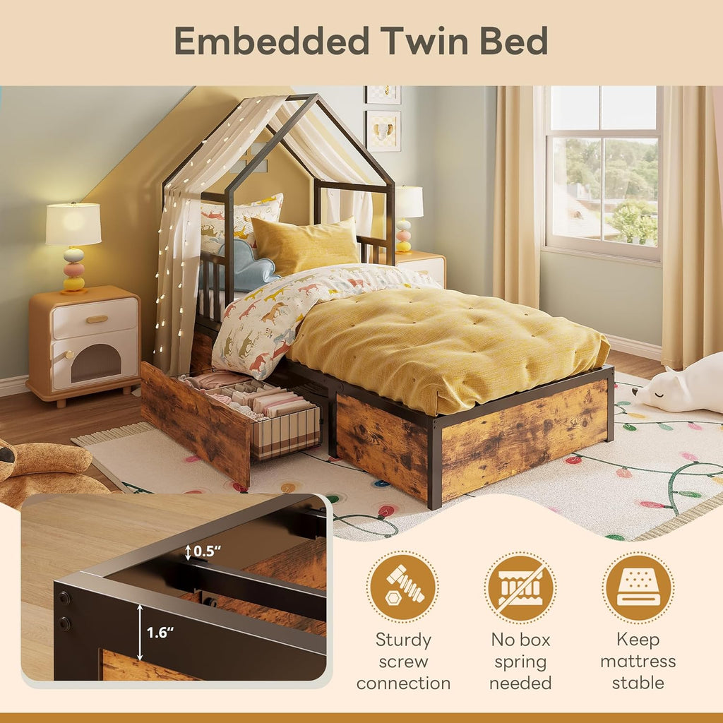 LIKIMIO Twin Bed Frame with 2 Storage Drawers, House Bed, Vintage Brown and Black