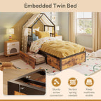 LIKIMIO Twin Bed Frame with 2 Storage Drawers, House Bed, Vintage Brown and Black