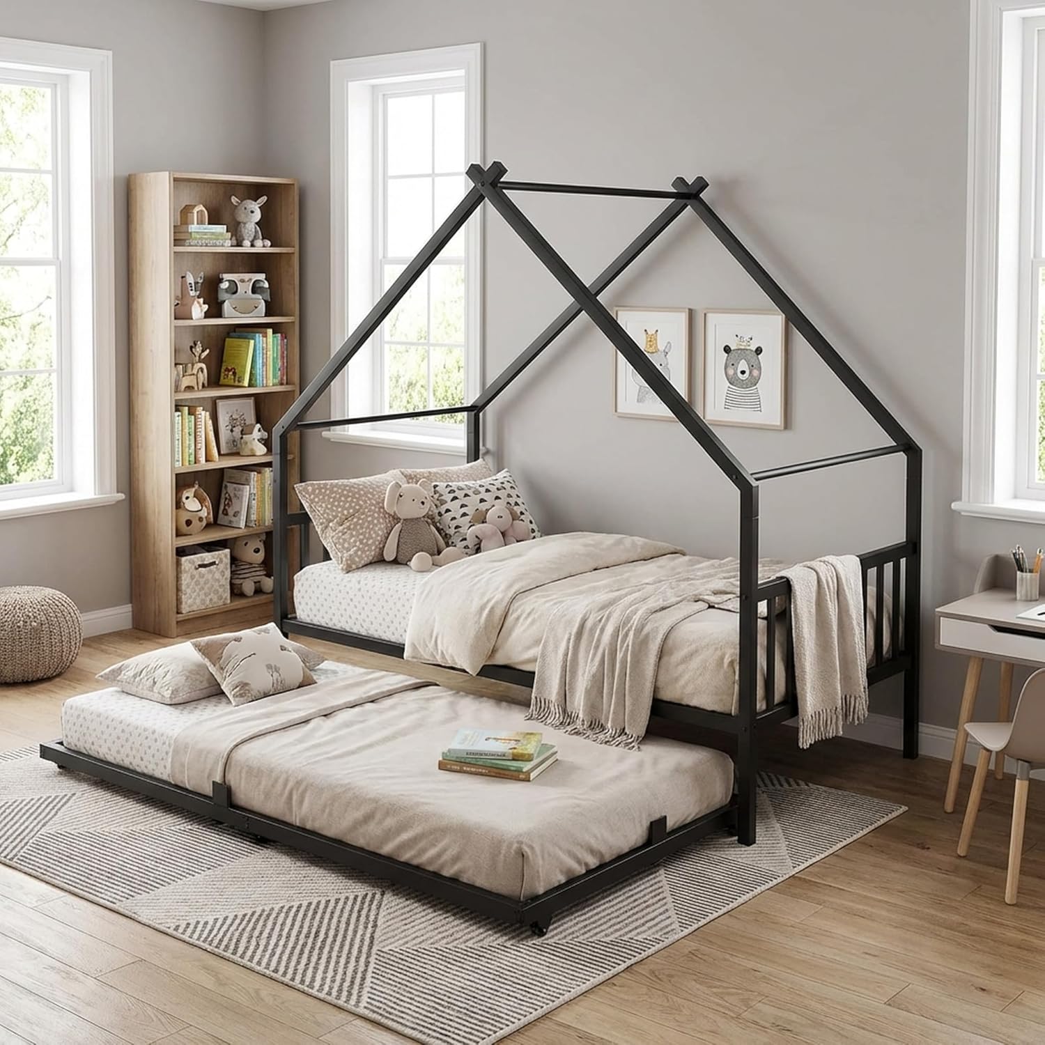 LIKIMIO Twin Daybed with Trundle, DIY House Bed Frame with Raised Headboard & Footboard, Convertible Sofa Bed with Lockable Casters, NO Box Spring Needed, Ideal for Bedroom, Guest Room, Black