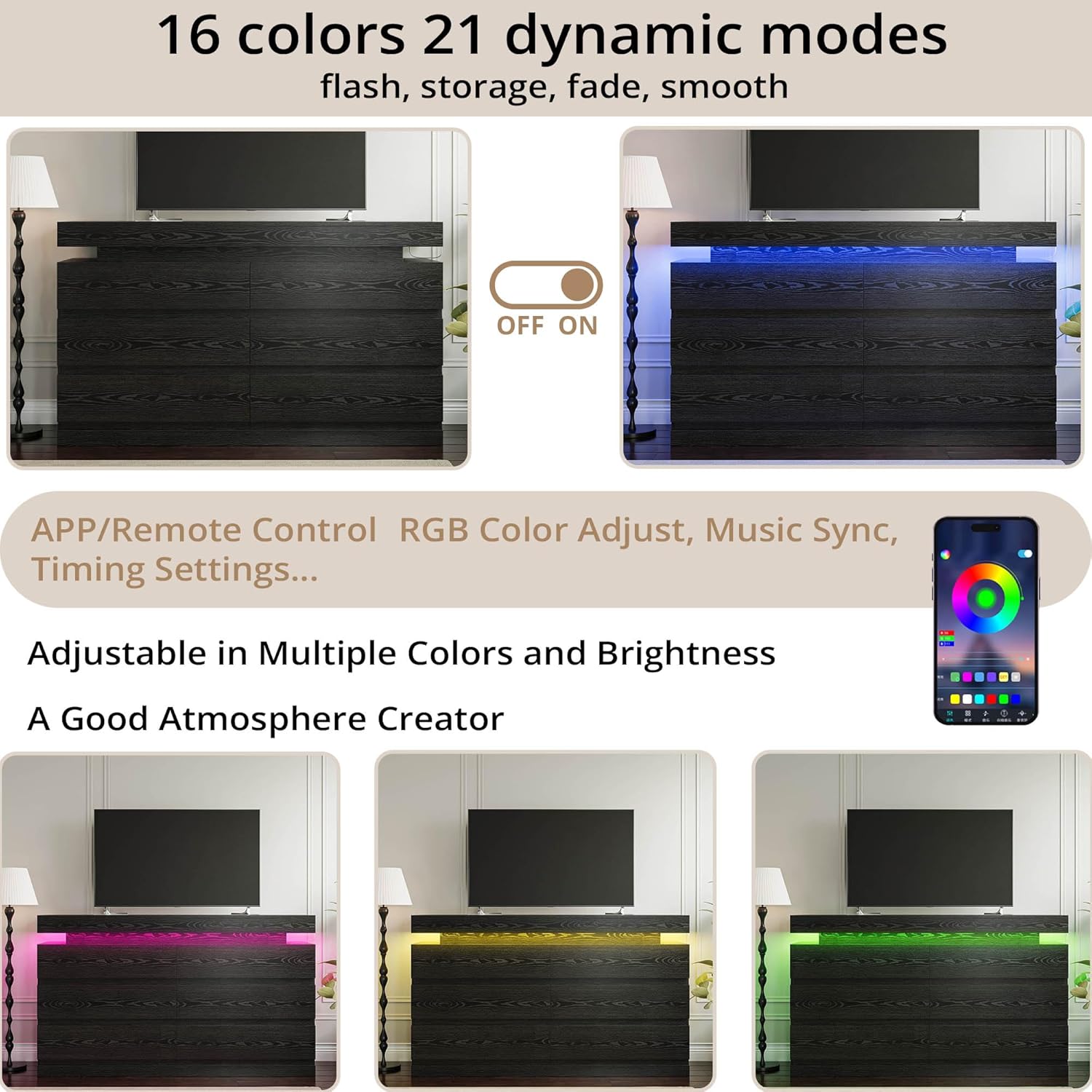 LIKIMIO Wooden LED 6-Drawers Dresser (59")
