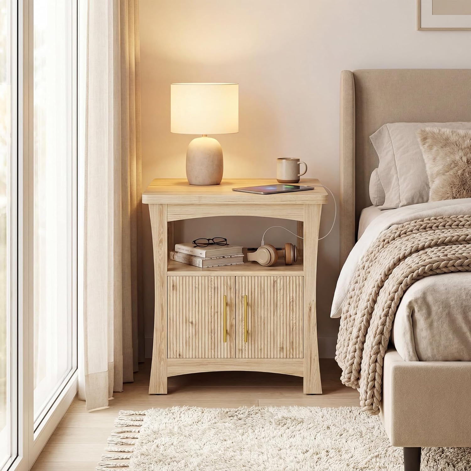 LIKIMIO 23.6" Wood Nightstand with Charging Station, Oak