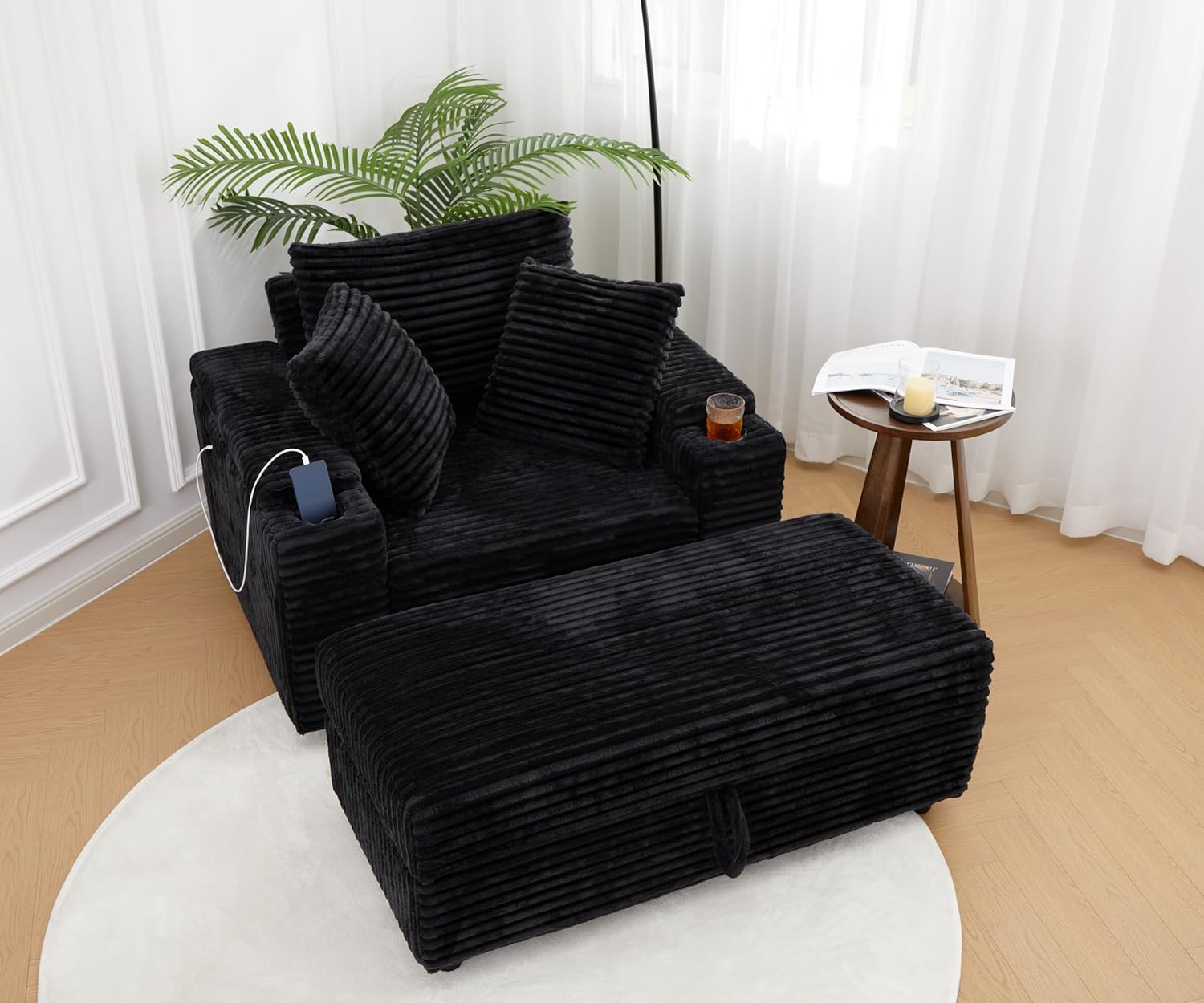 LIKIMIO 54'' Firm Solid Wood Frame Chaise  with USB & Cup Holder, White