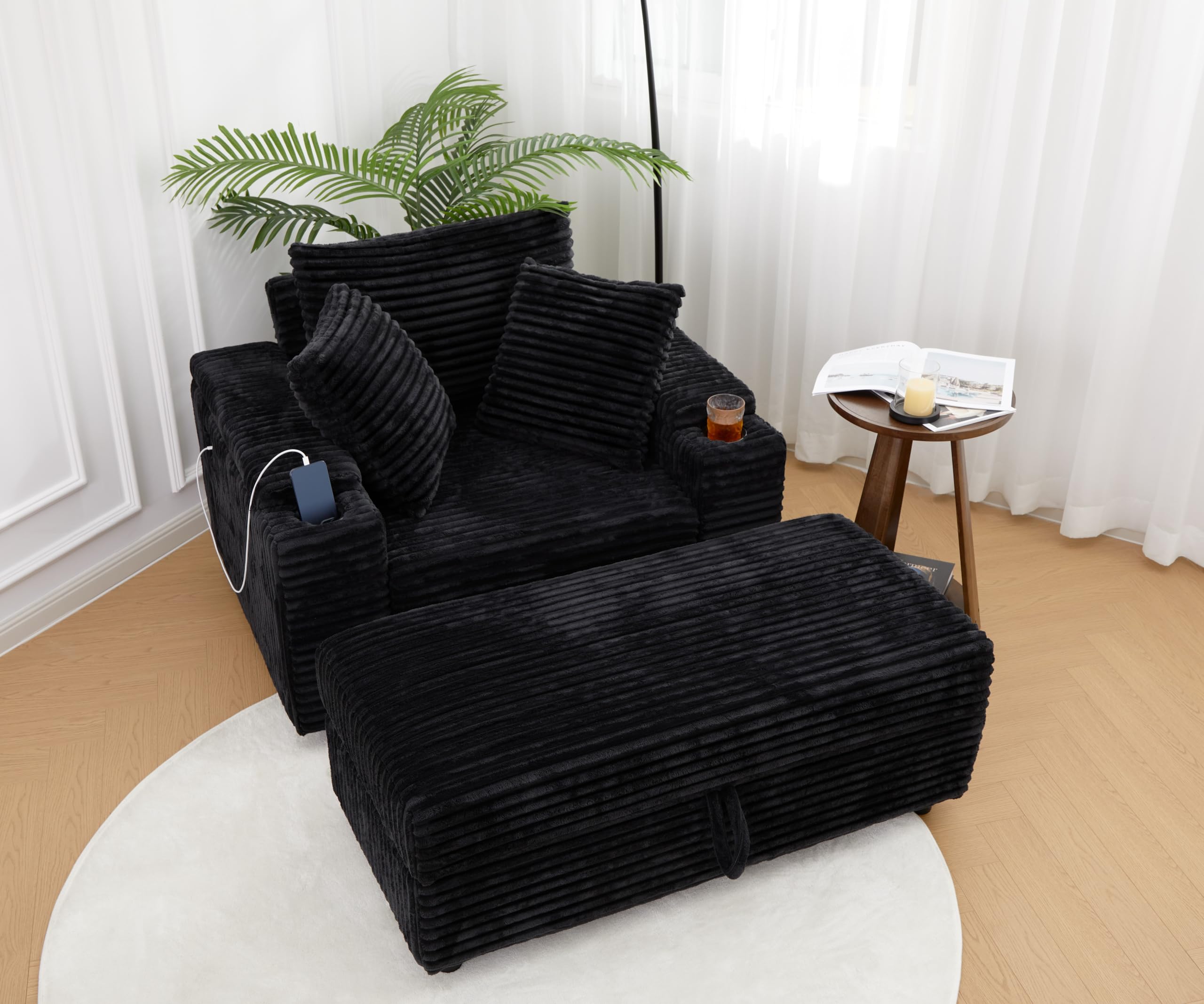 LIKIMIO 54''Oversized Chaise Lounge Chair Indoor,Firm Solid Wood Frame with USB & Cup Holder,Comfy Corduroy Ottoman,Reading Chair for Living Room, Study Room (White)