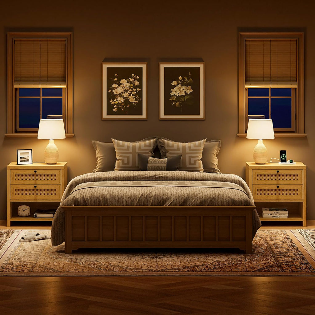 LIKIMIO Rattan Charging Nightstand Set