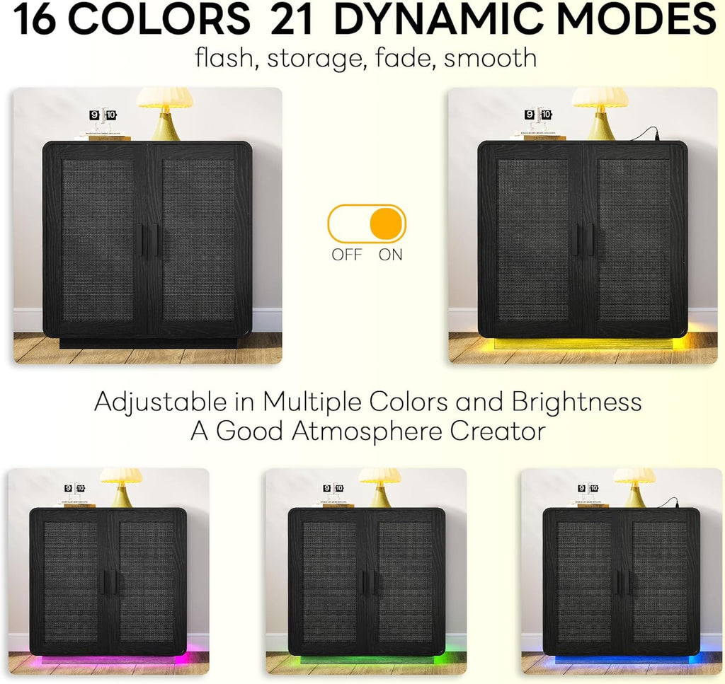 LIKIMIO Rattan Cabinet with LED Lights & Power Outlet, Black