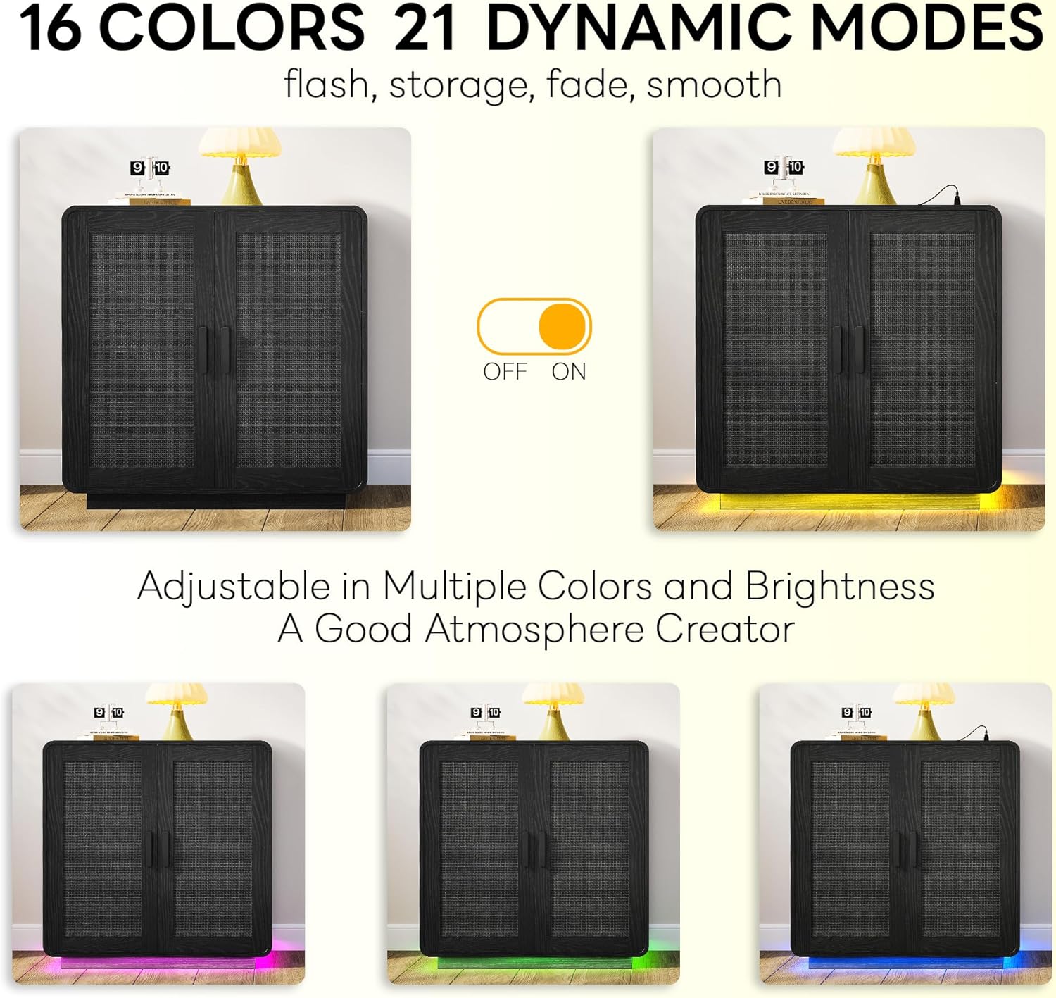 LIKIMIO Rattan Cabinet with LED Lights & Power Outlet, Black