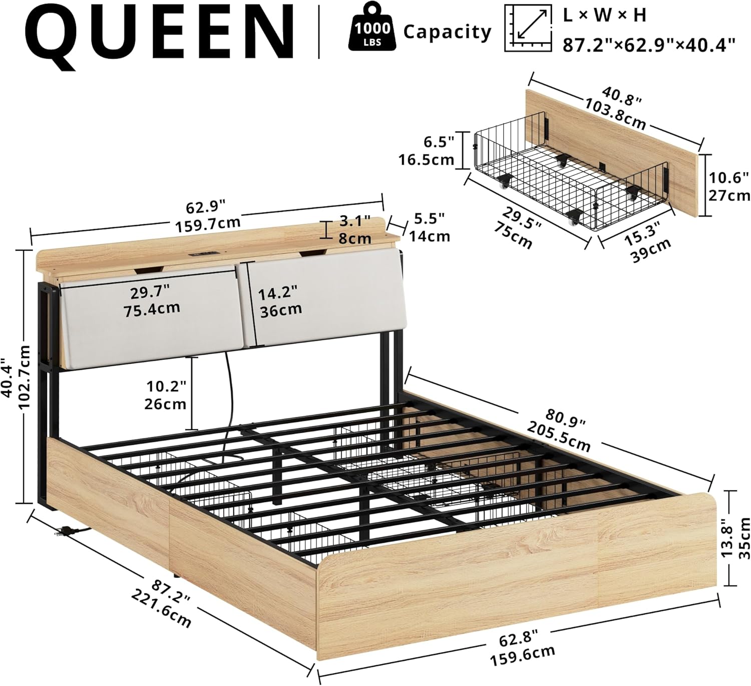 LIKIMIO Camas Hidden Storage Bed Frame