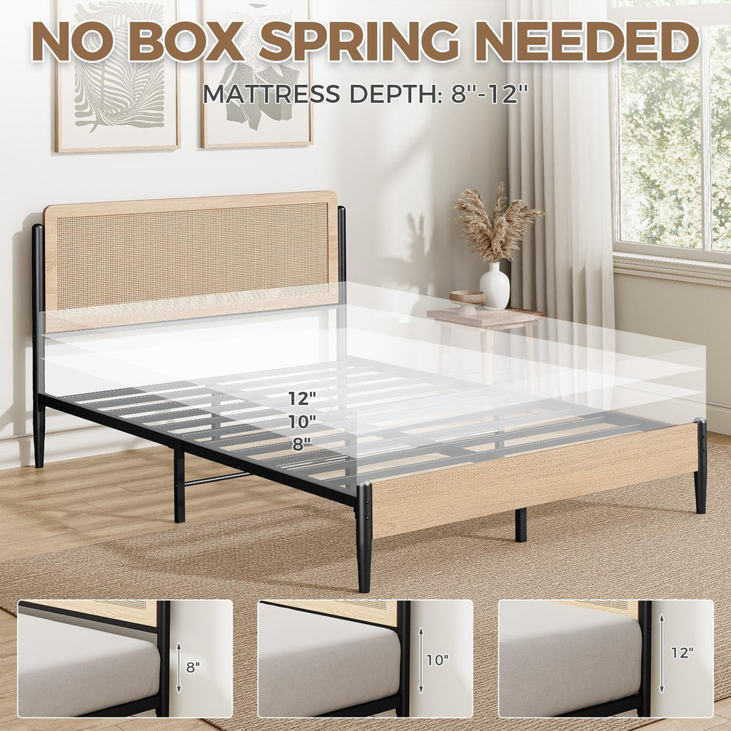 LIKIMIO Natural Rattan Full Size Bed Frame with Wooden Headboard | Boho Metal Platform Bed Frame Full Size with Metal Slats Surpport, Under Bed Storage, No Box Spring Needed, for Bedroom
