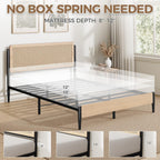 LIKIMIO Natural Rattan Full Size Bed Frame with Wooden Headboard | Boho Metal Platform Bed Frame Full Size with Metal Slats Surpport, Under Bed Storage, No Box Spring Needed, for Bedroom