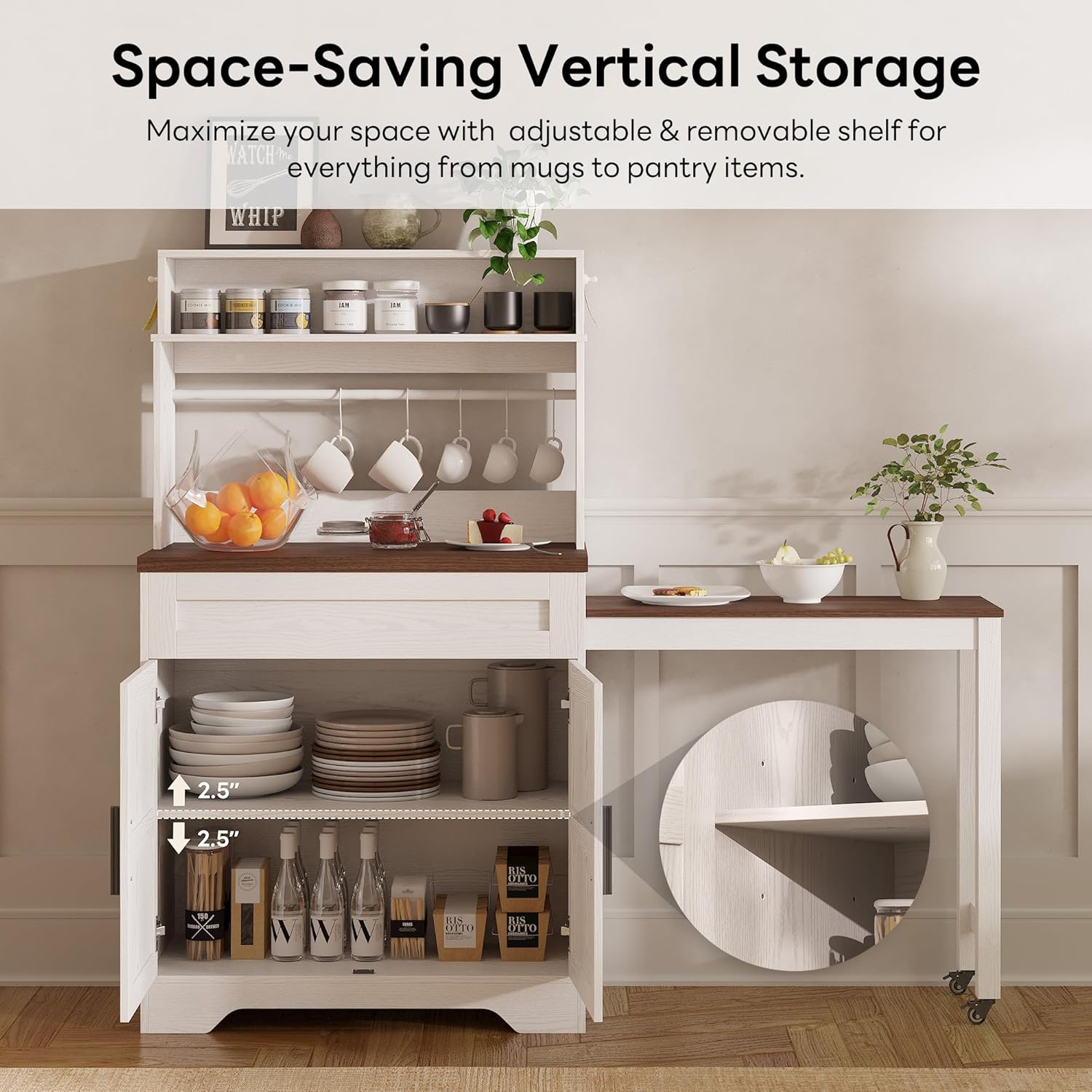 LIKIMIO 57" Farmhouse Coffee Bar Cabinet with Extendable Table & Locking Wheels, Mobile Kitchen Island Storage Cart with Magnetic Board, 5 Hooks, Adjustable Shelf, Space Saving for Apartment, White