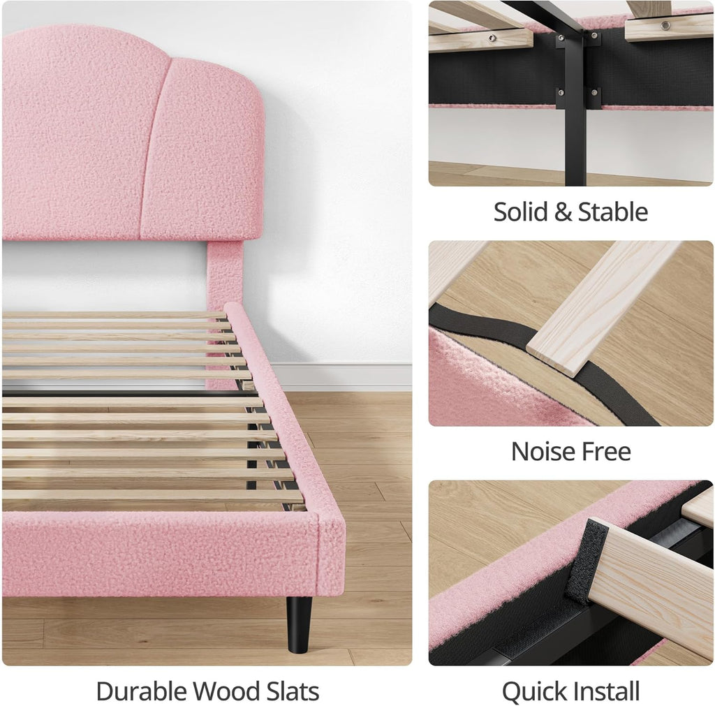 LIKIMIO Upholstered Twin Beds with Lamb Velvet 800LBS Sturdy, Pink