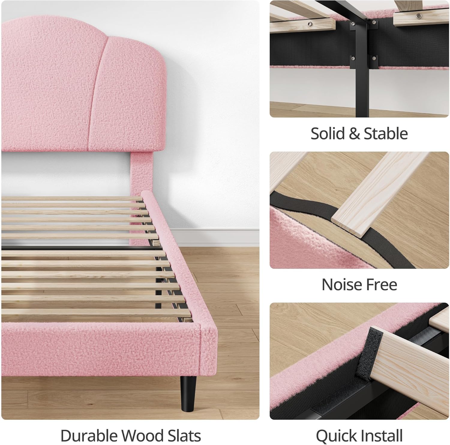 LIKIMIO Upholstered Twin Beds with Lamb Velvet 800LBS Sturdy, Pink