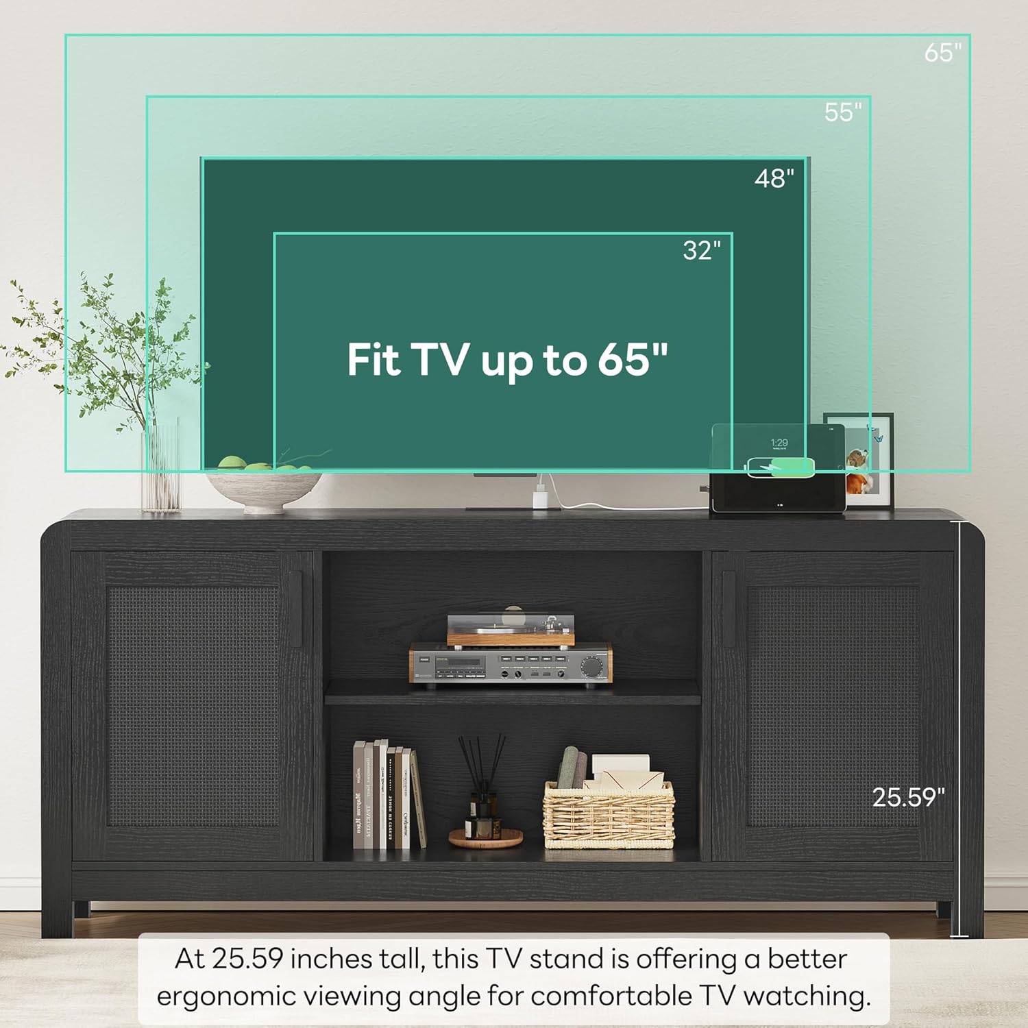 LIKIMIO TV Stand with Power Outlet for TVs up to 65", Black