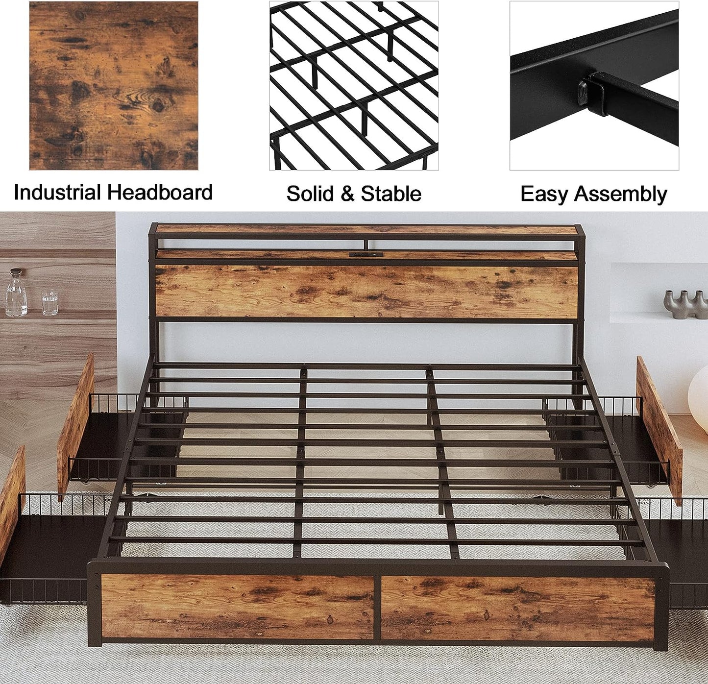Rustic Brown King Bed Frame with 4 Drawers