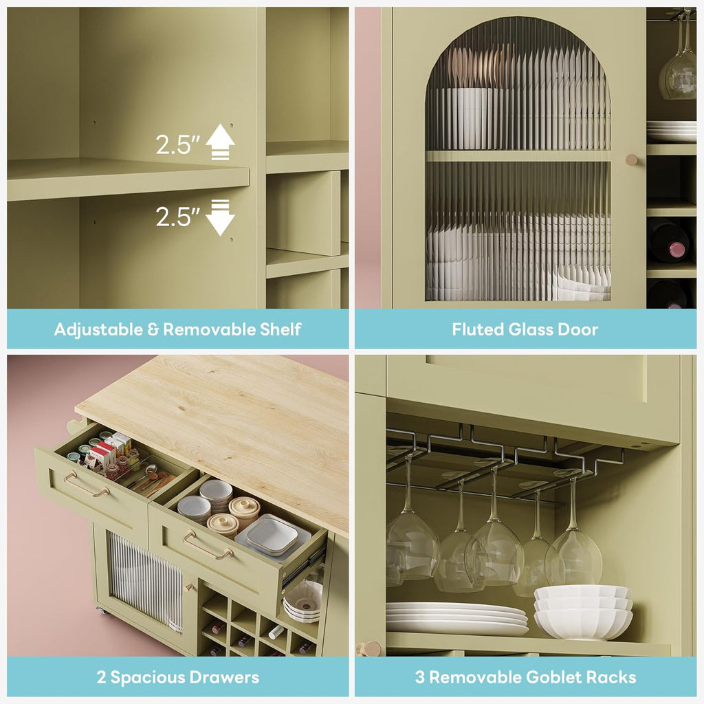 LIKIMIO Kitchen Island on Wheels with Power Outlet & Drop Leaf, Green