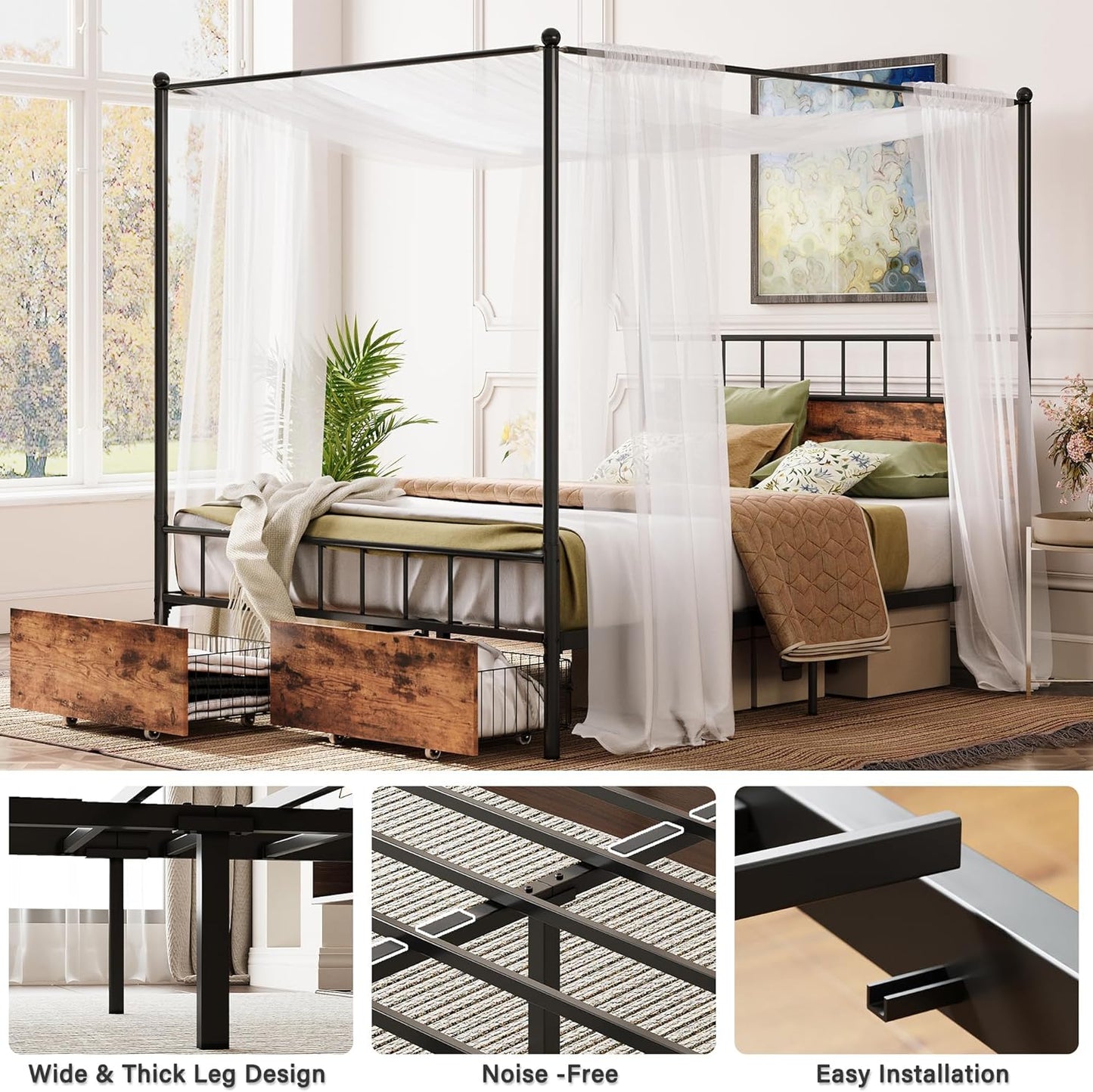 LIKIMIO Canopy Bed Frame with Drawers