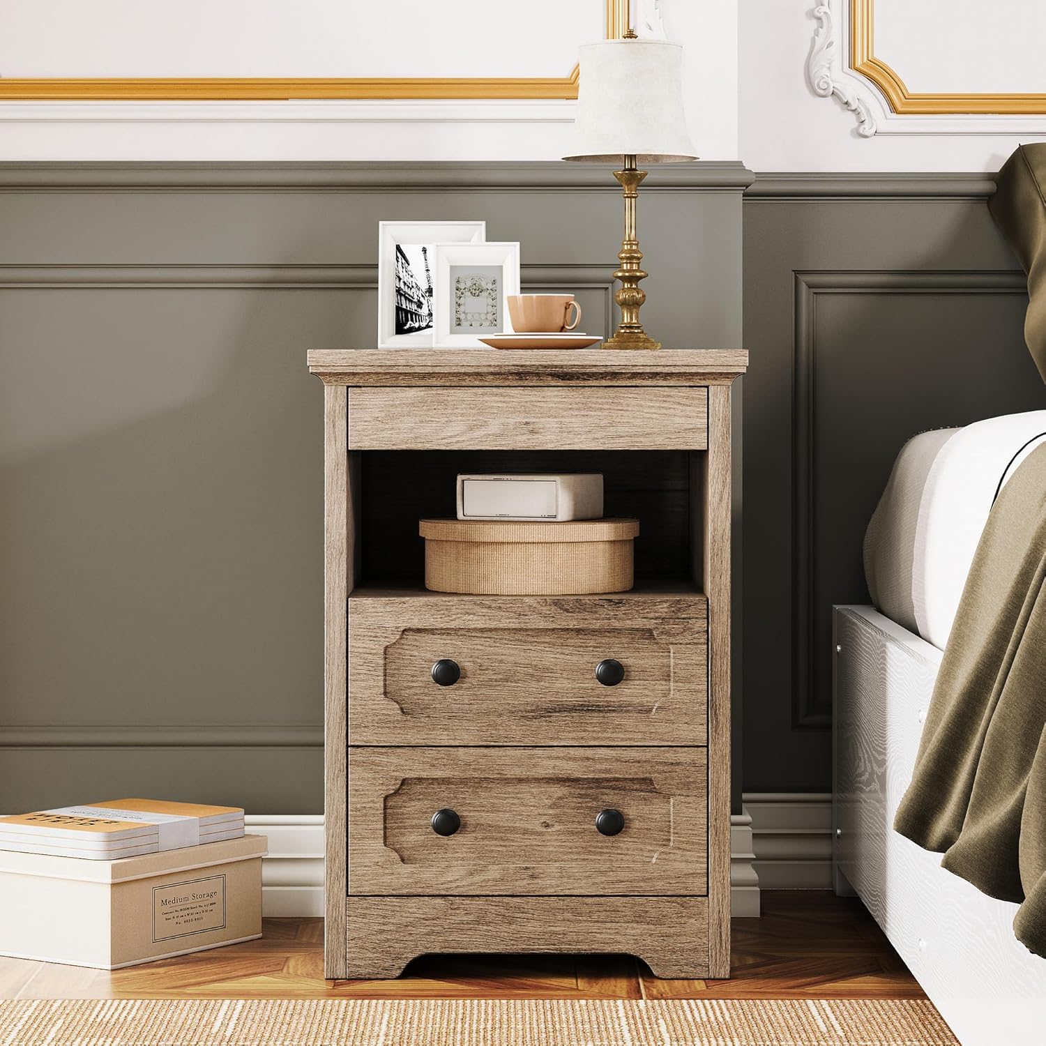 LIKIMIO Wooden Pull Out Tray Nightstand