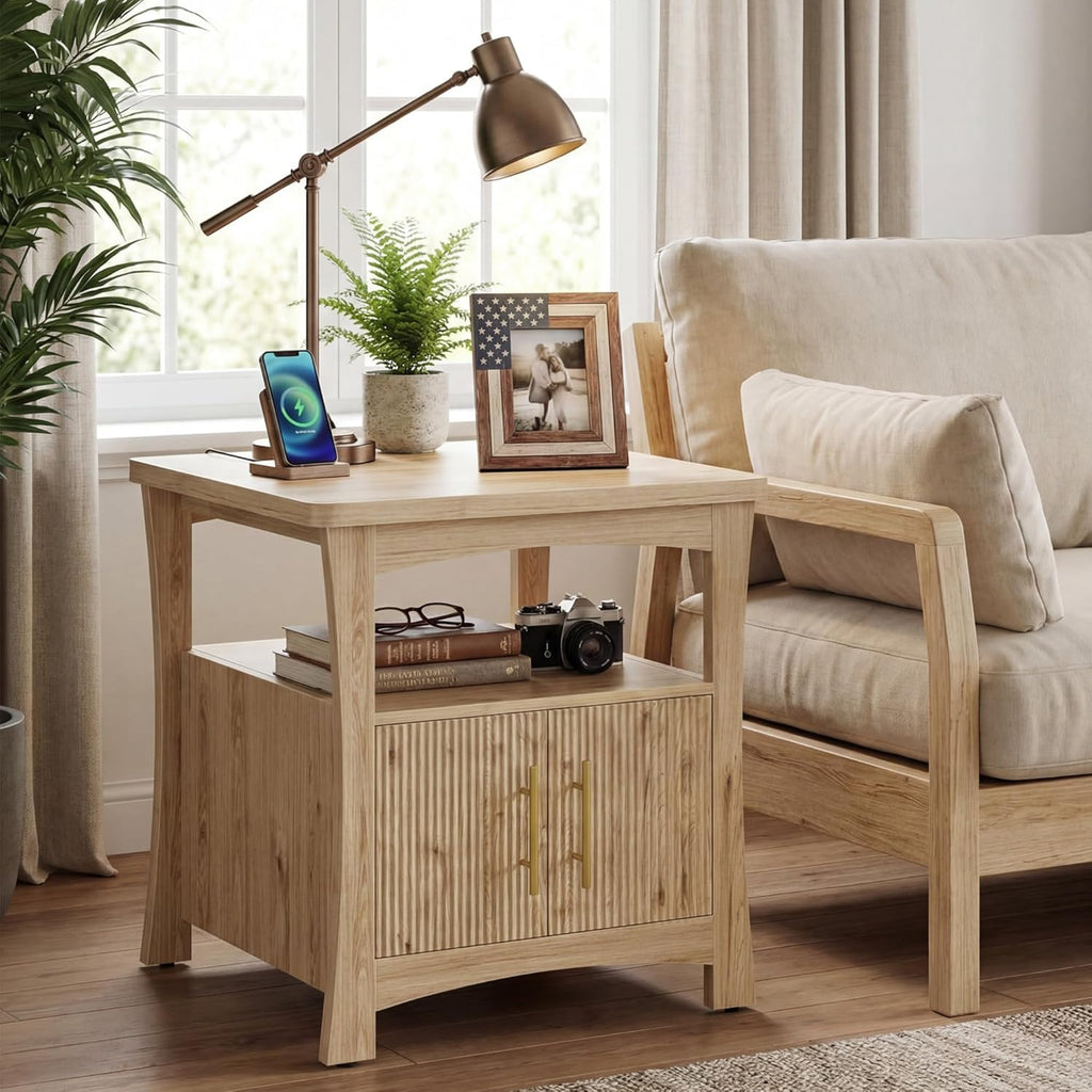 LIKIMIO 23.6" Wood Nightstand with Charging Station, Oak