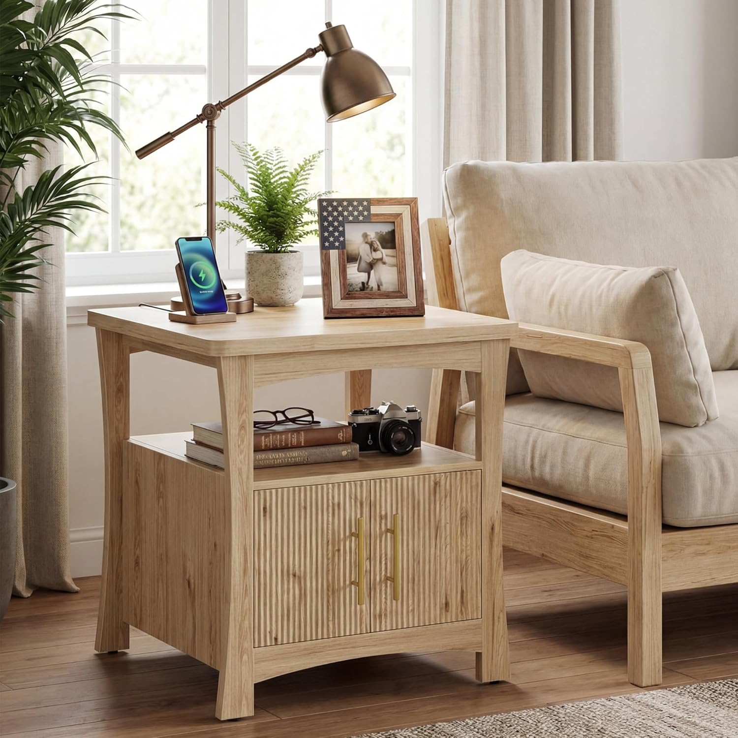 LIKIMIO 23.6" Wood Nightstand with Charging Station, Oak