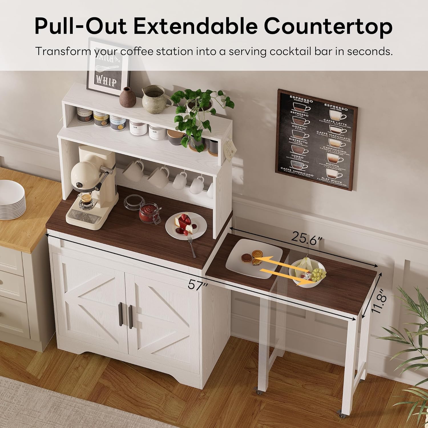 LIKIMIO 57" Farmhouse Coffee Bar Cabinet with Extendable Table & Locking Wheels, Mobile Kitchen Island Storage Cart with Magnetic Board, 5 Hooks, Adjustable Shelf, Space Saving for Apartment, White