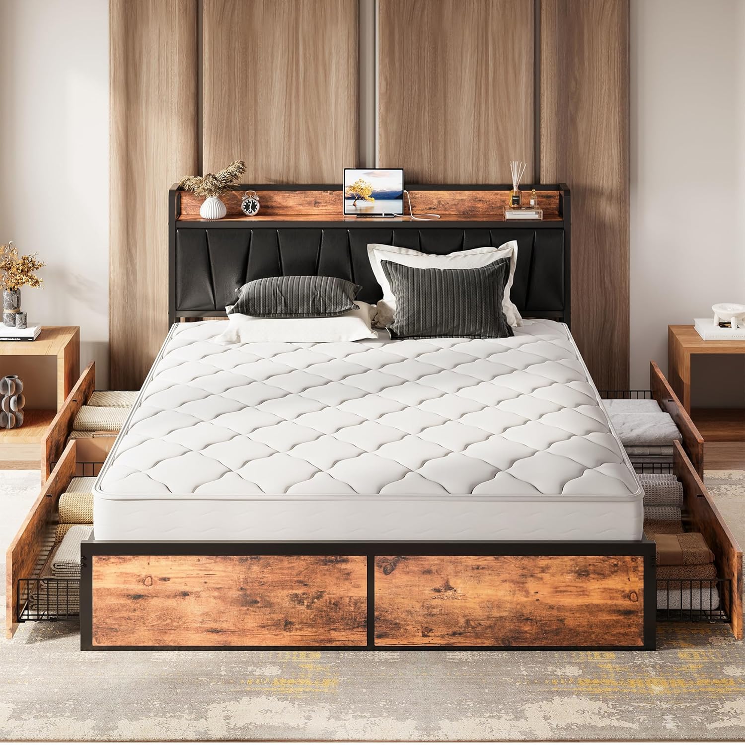 LIKIMIO California King Bed Frame with 4 Storage Drawers, Platform Bed with Charged Headboard