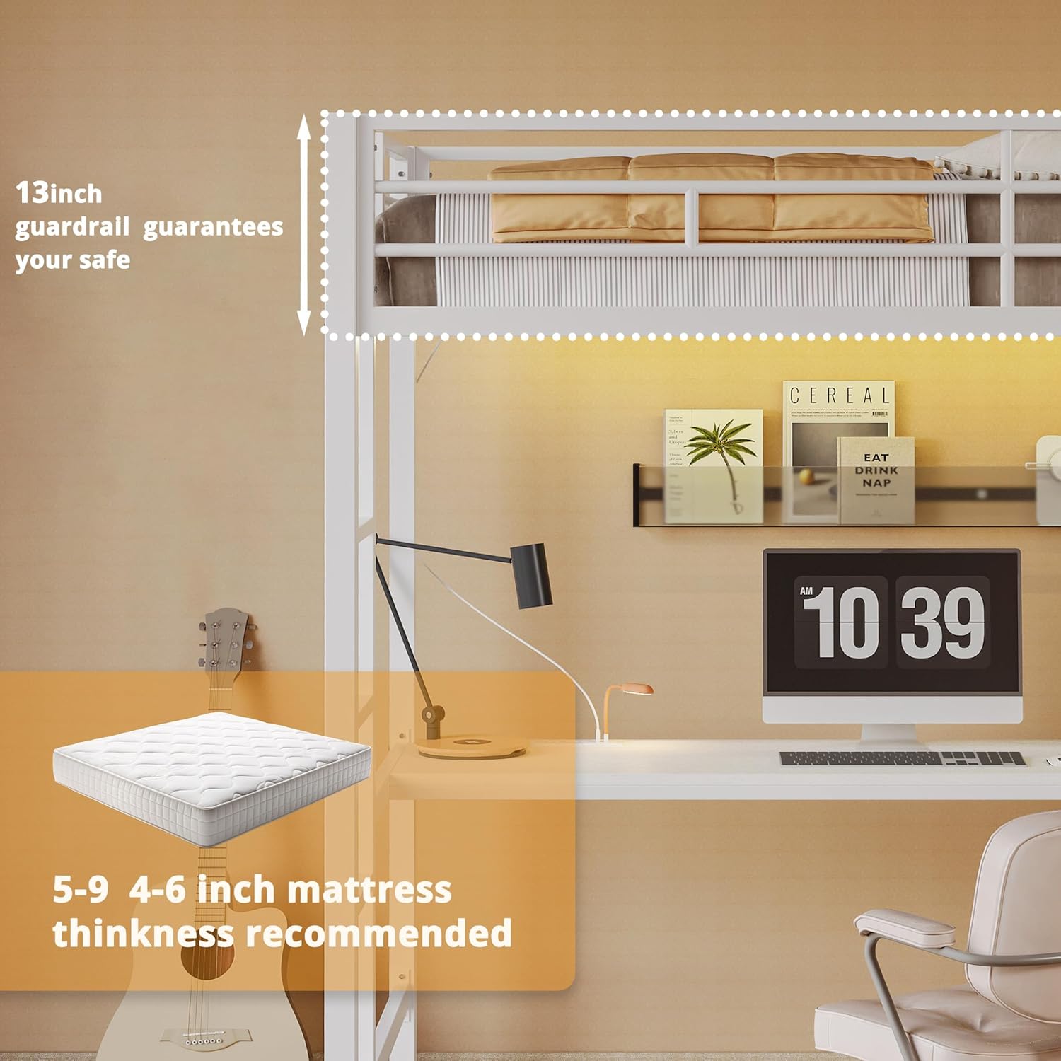 LIKIMIO LED Metal Loft Bed Frame