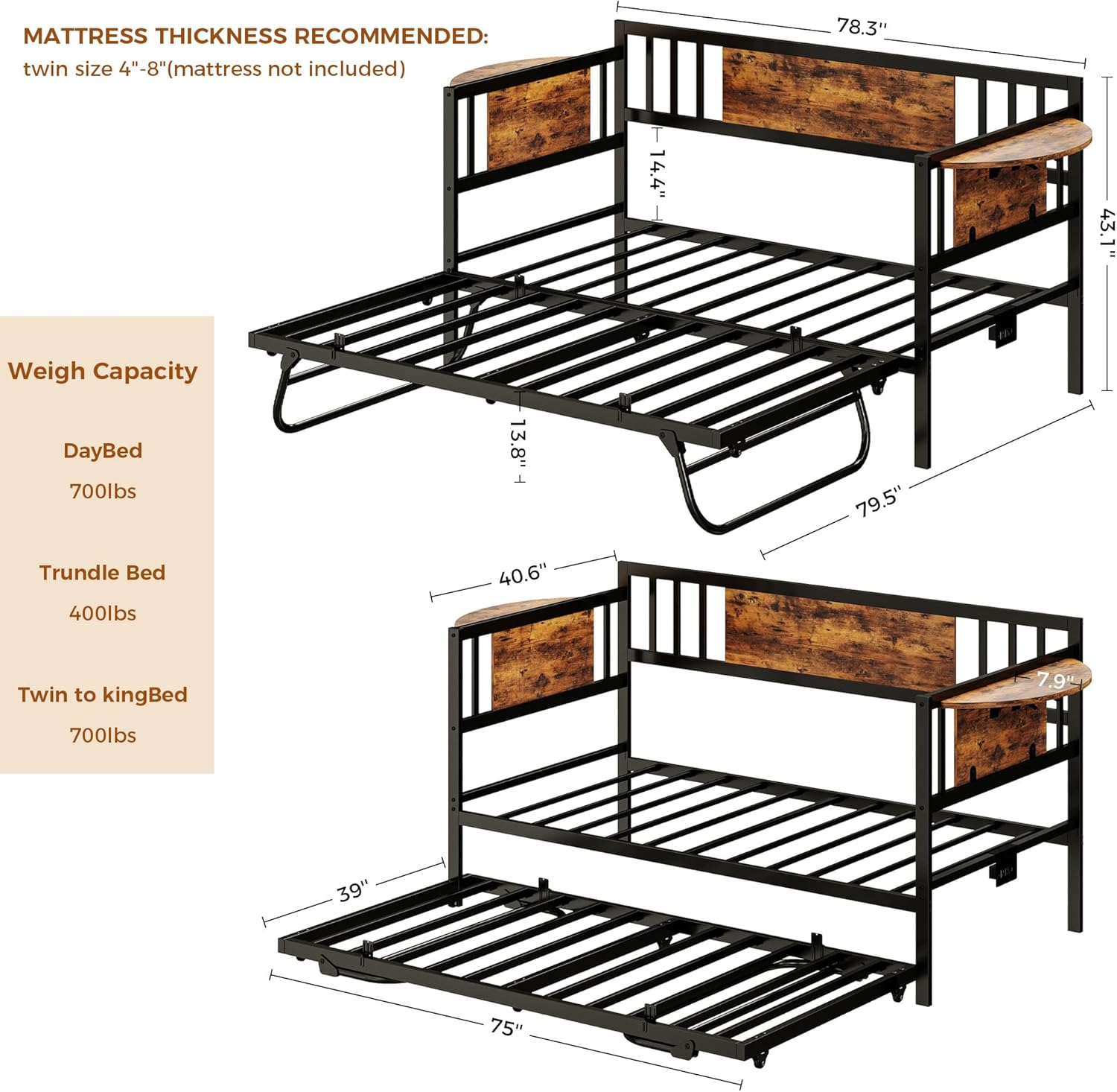 LIKIMIO Daybed with Trundle,  LED Lights and Charging Station, Black