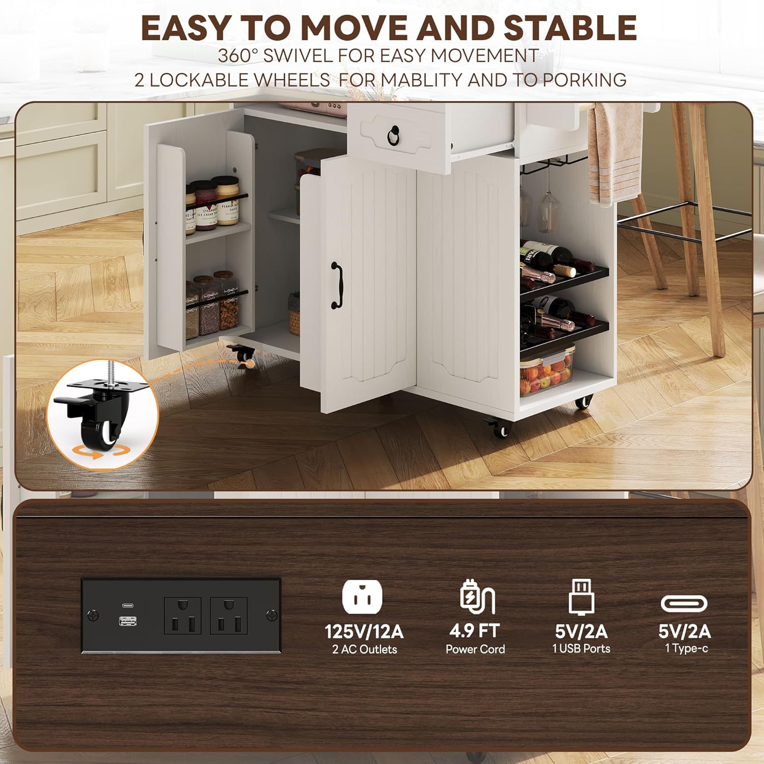 LIKIMIO 51" Mobile Kitchen Island Cart with Drop Leaf & Power Outlet